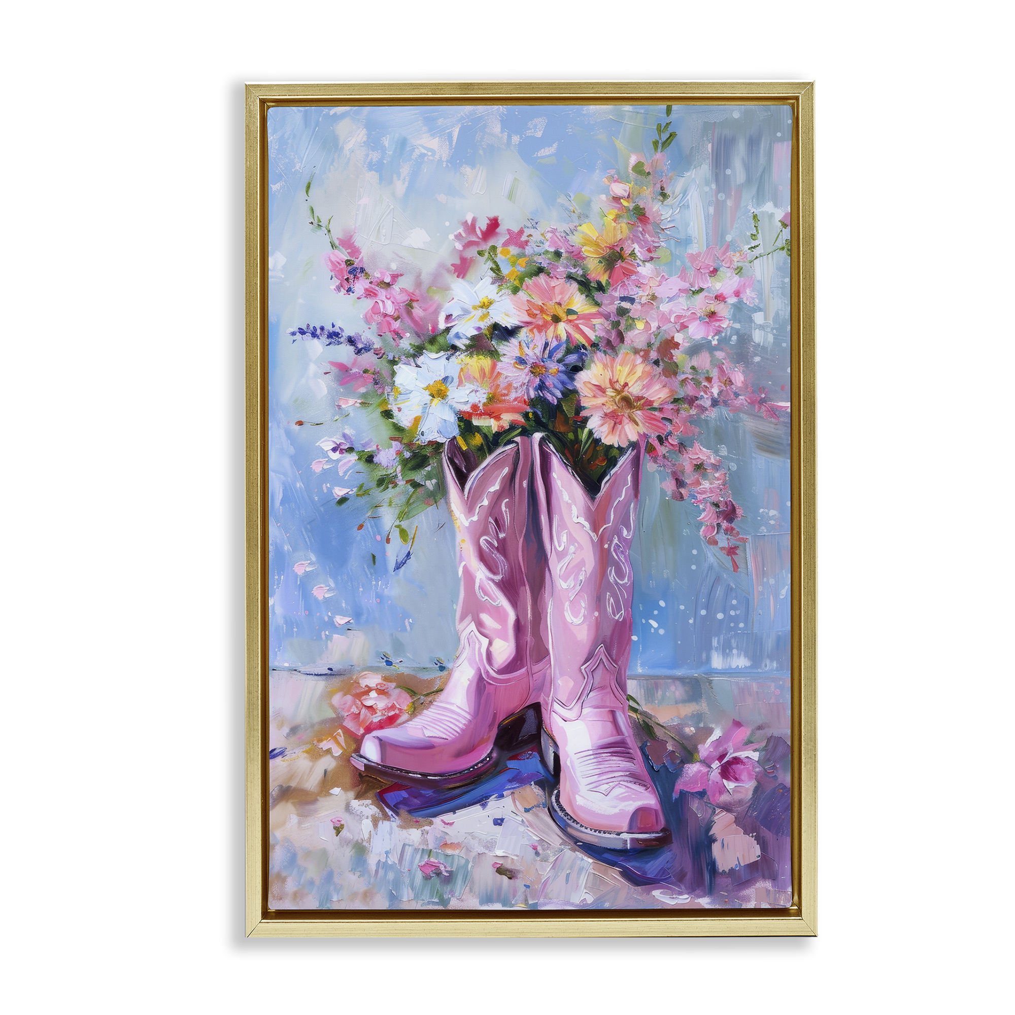 Stupell Industries Floral Cowgirl Boots Plants & Flowers Painting Gold Floater Framed Canvas Art Print Wall Art, 17 x 25