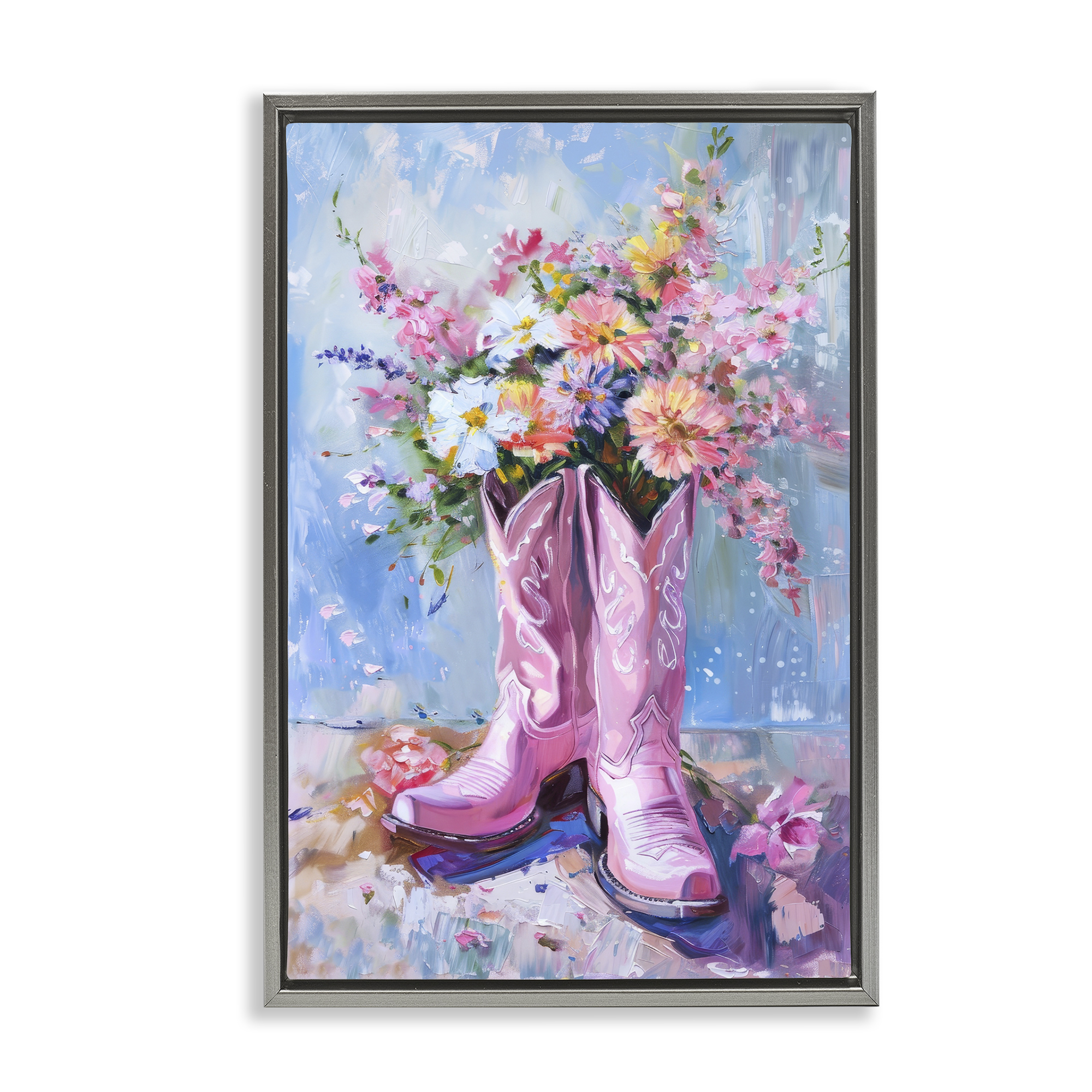 Stupell Industries Floral Cowgirl Boots Plants & Flowers Painting Gray Floater Framed Canvas Art Print Wall Art, 21 x 31
