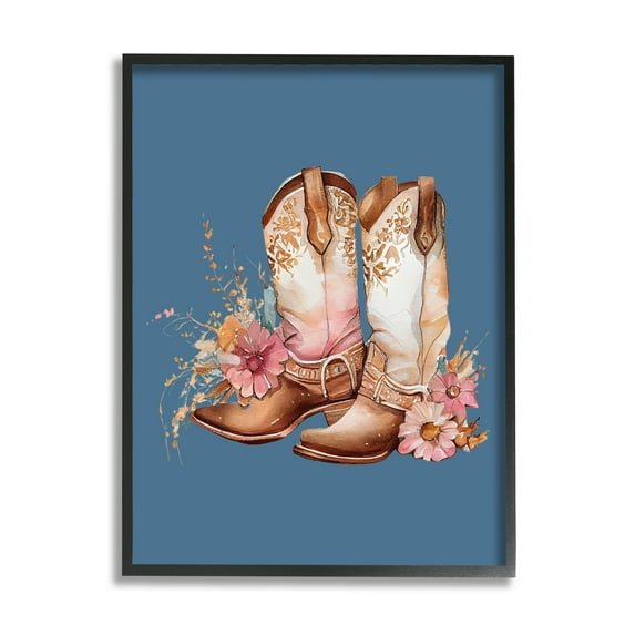 Stupell Industries Floral Cowgirl Boots on Blue Beauty & Fashion Painting Black Framed Art Print Wall Art, 16 x 20