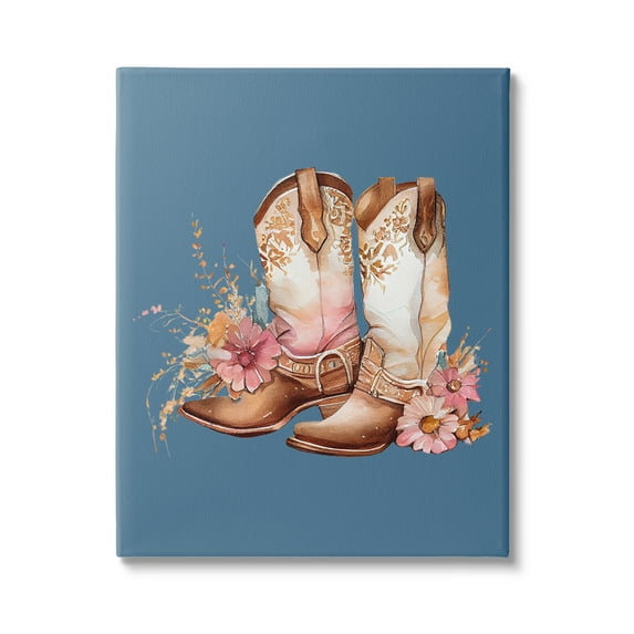 Stupell Industries Floral Cowgirl Boots on Blue Beauty & Fashion Painting Gallery Wrapped Canvas Art Print Wall Art, 30 x 40