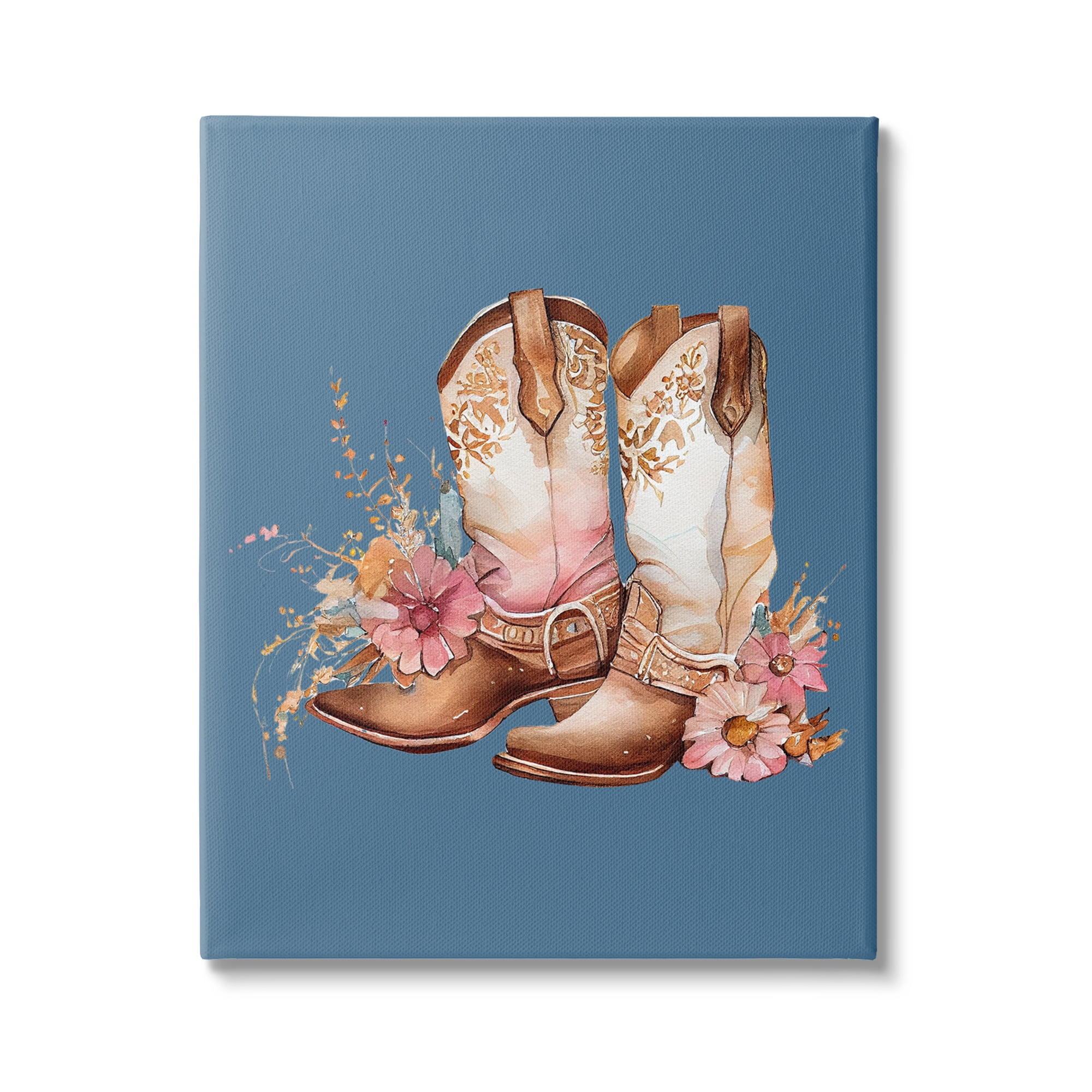 Stupell Industries Floral Cowgirl Boots on Blue Beauty & Fashion Painting Gallery Wrapped Canvas Art Print Wall Art, 36 x 48