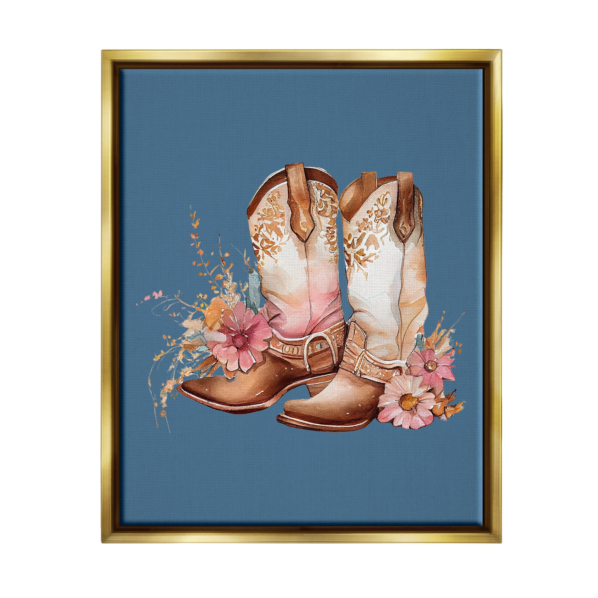 Stupell Industries Floral Cowgirl Boots on Blue Beauty & Fashion Painting Gold Floater Framed Canvas Art Print Wall Art, 25 x 31
