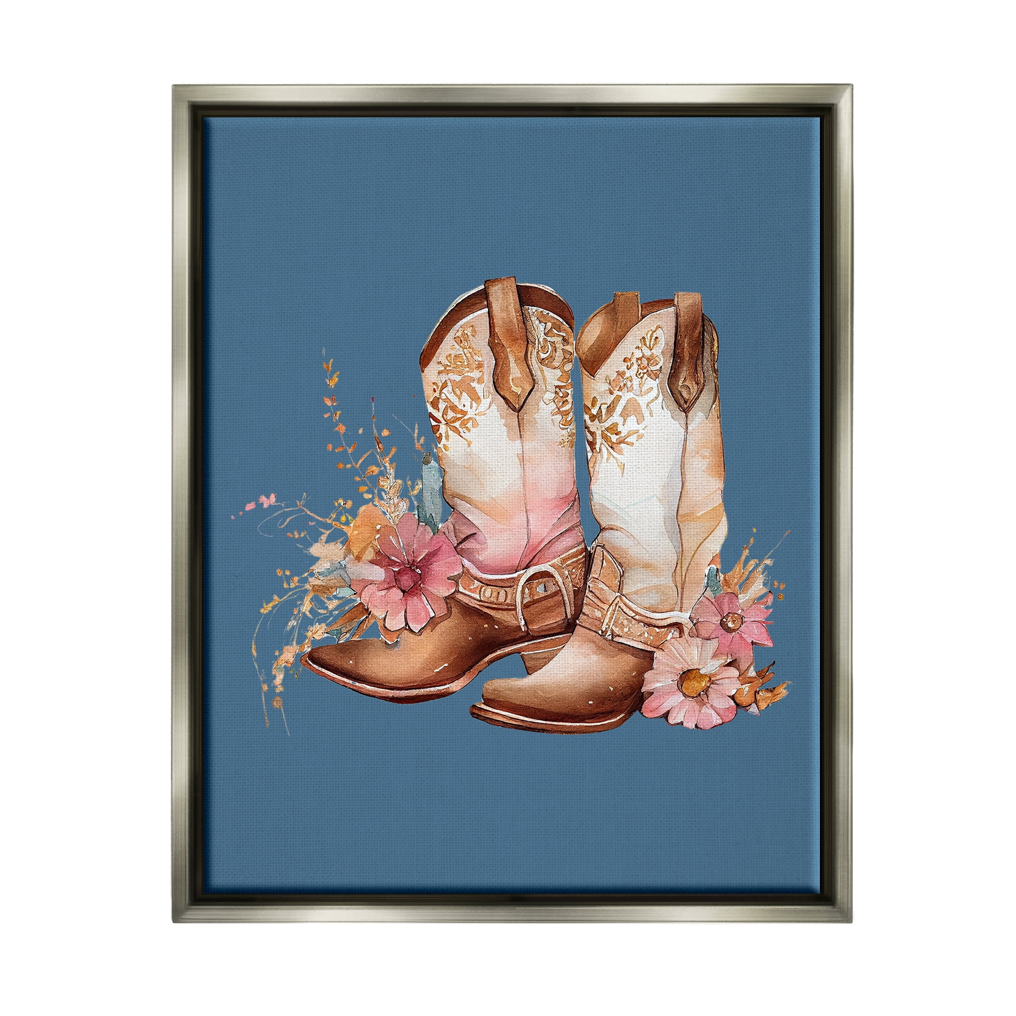 Stupell Industries Floral Cowgirl Boots on Blue Beauty & Fashion Painting Gray Floater Framed Canvas Art Print Wall Art, 25 x 31