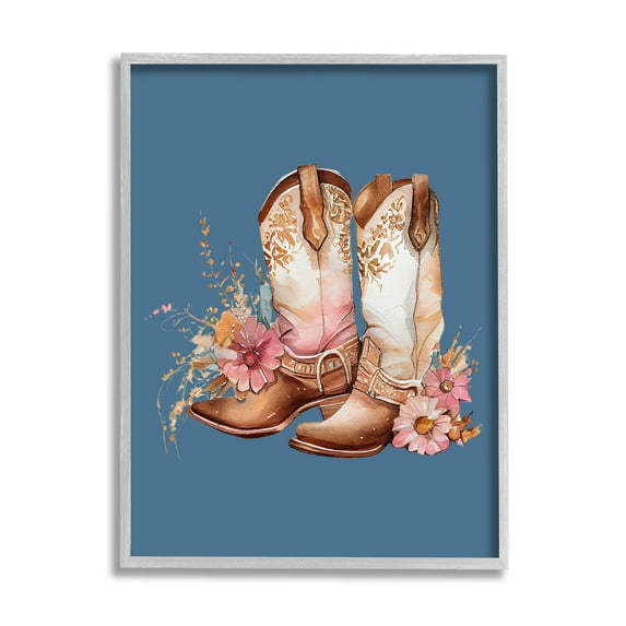 Stupell Industries Floral Cowgirl Boots on Blue Beauty & Fashion Painting Gray Framed Art Print Wall Art, 16 x 20