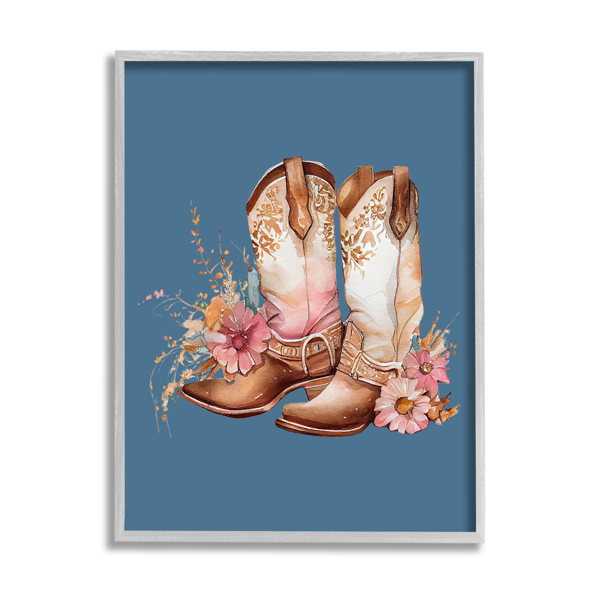 Stupell Industries Floral Cowgirl Boots on Blue Beauty & Fashion Painting Gray Framed Art Print Wall Art, 24 x 30