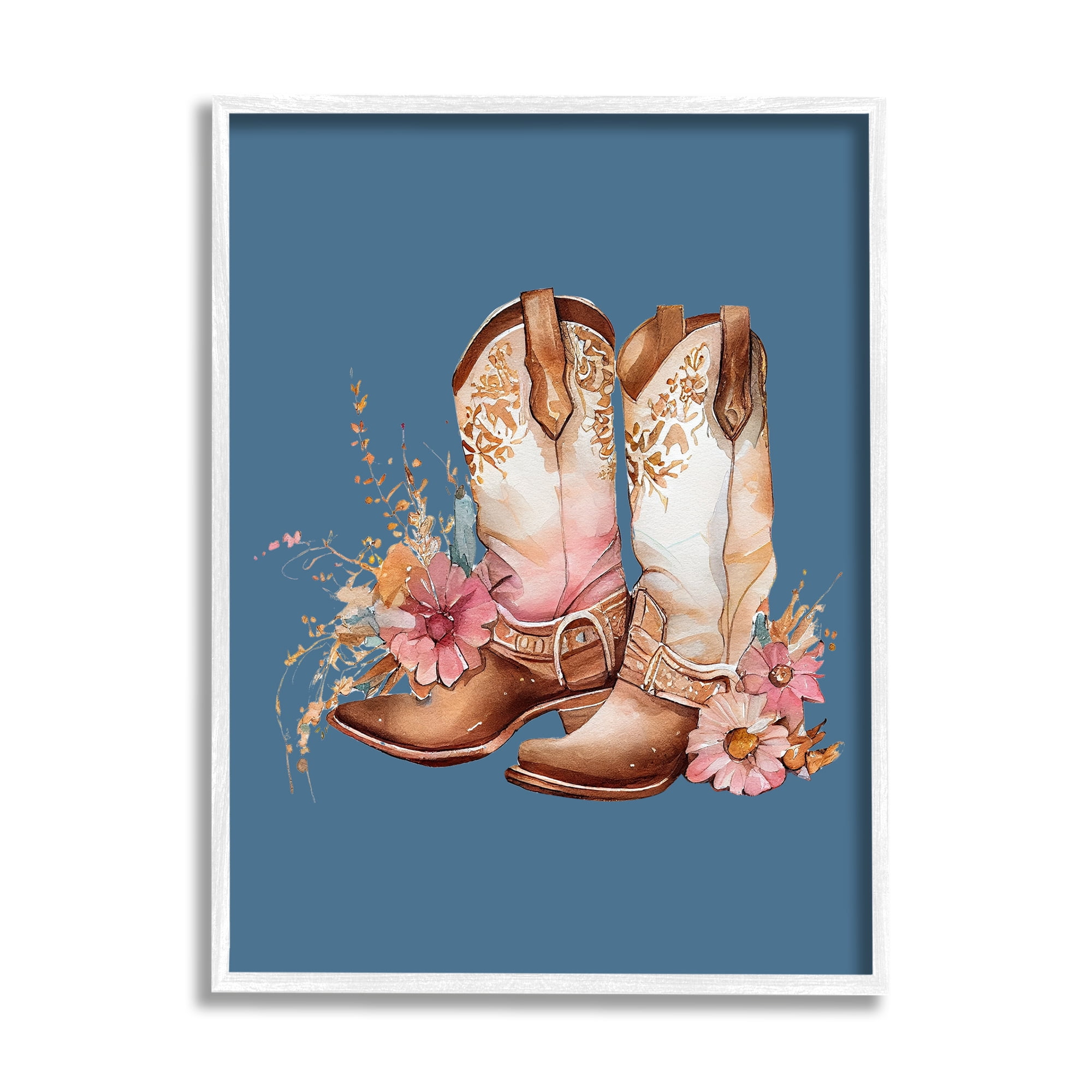 Stupell Industries Floral Cowgirl Boots on Blue Beauty & Fashion Painting White Framed Art Print Wall Art, 24 x 30