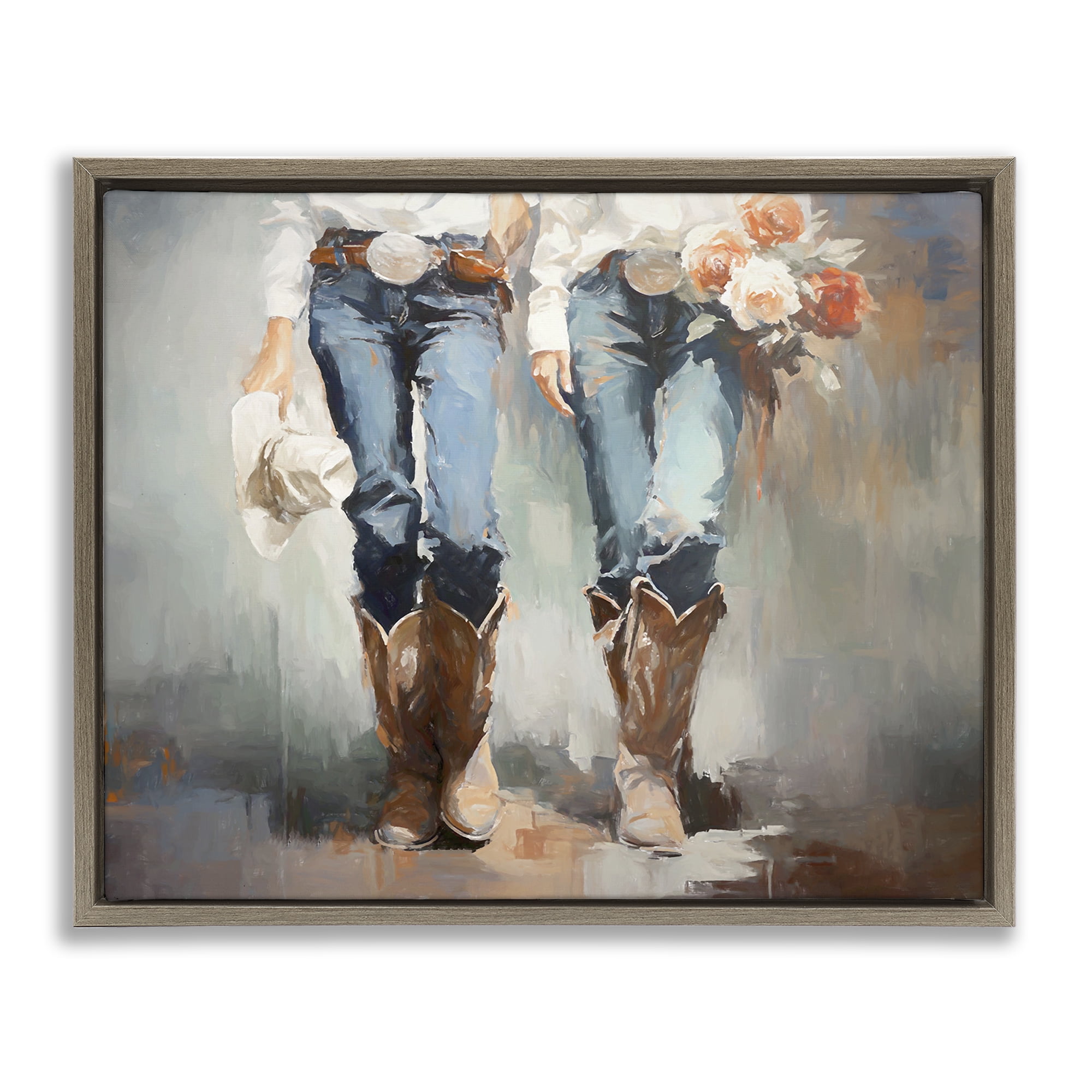 Stupell Industries Floral Cowgirl Pair Novelty Painting Brown Floater Framed Canvas Art Print Wall Art, 31 x 25