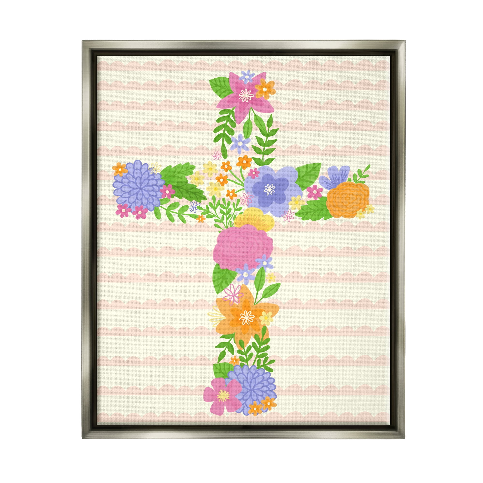 Stupell Industries Floral Cross Religious Symbol Botanical & Floral Painting Gray Floater Framed Art Print Wall Art