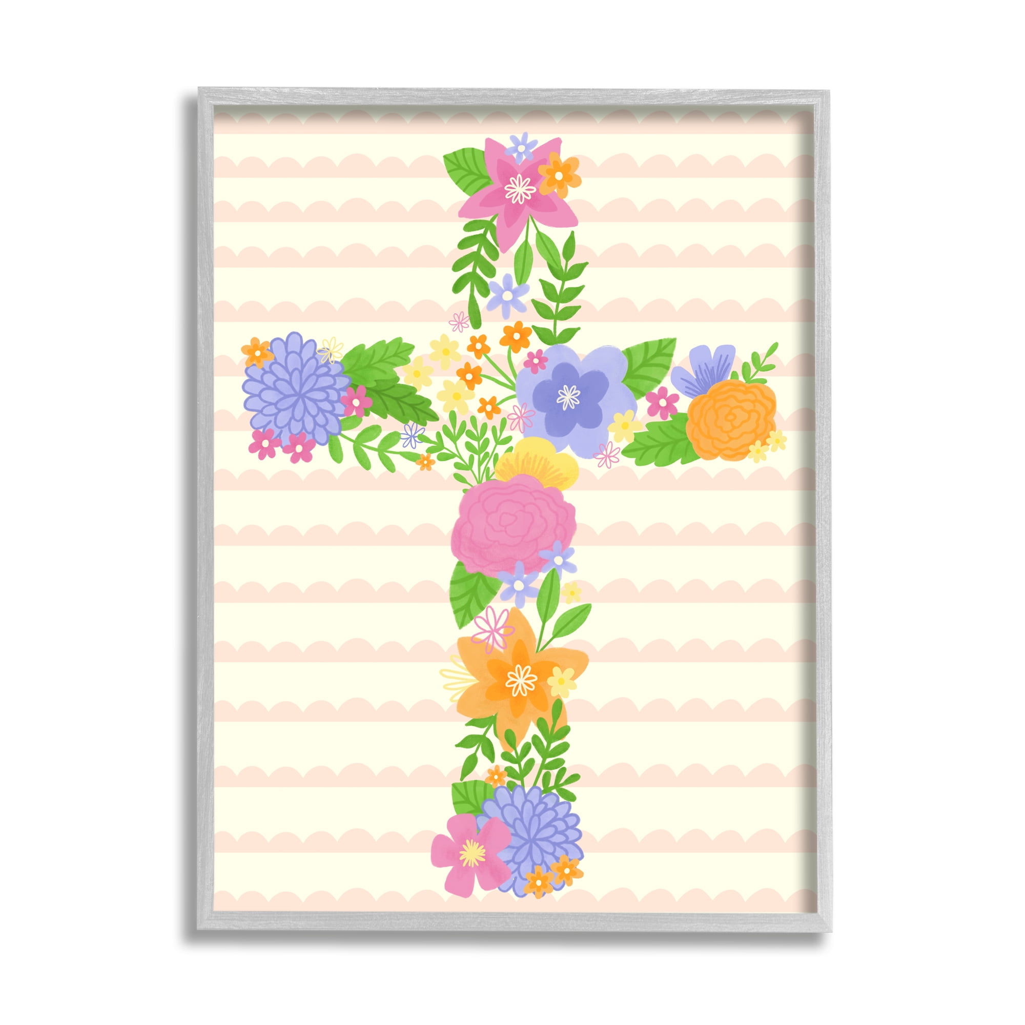 Stupell Industries Floral Cross Religious Symbol Botanical & Floral Painting Gray Framed Art Print Wall Art