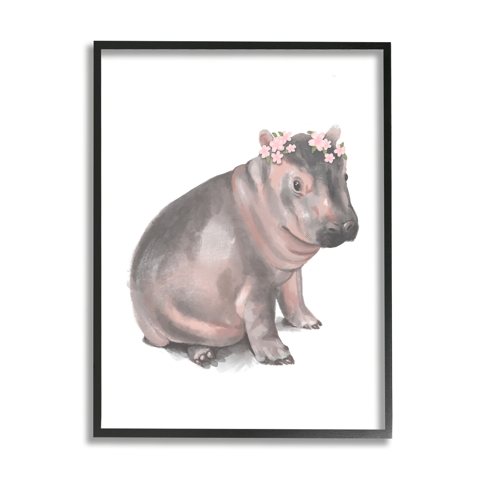 Stupell Industries Floral Crown Baby Hippo Soft Animal Illustration Black Framed, 24 x 30, Design by Daphne Polselli