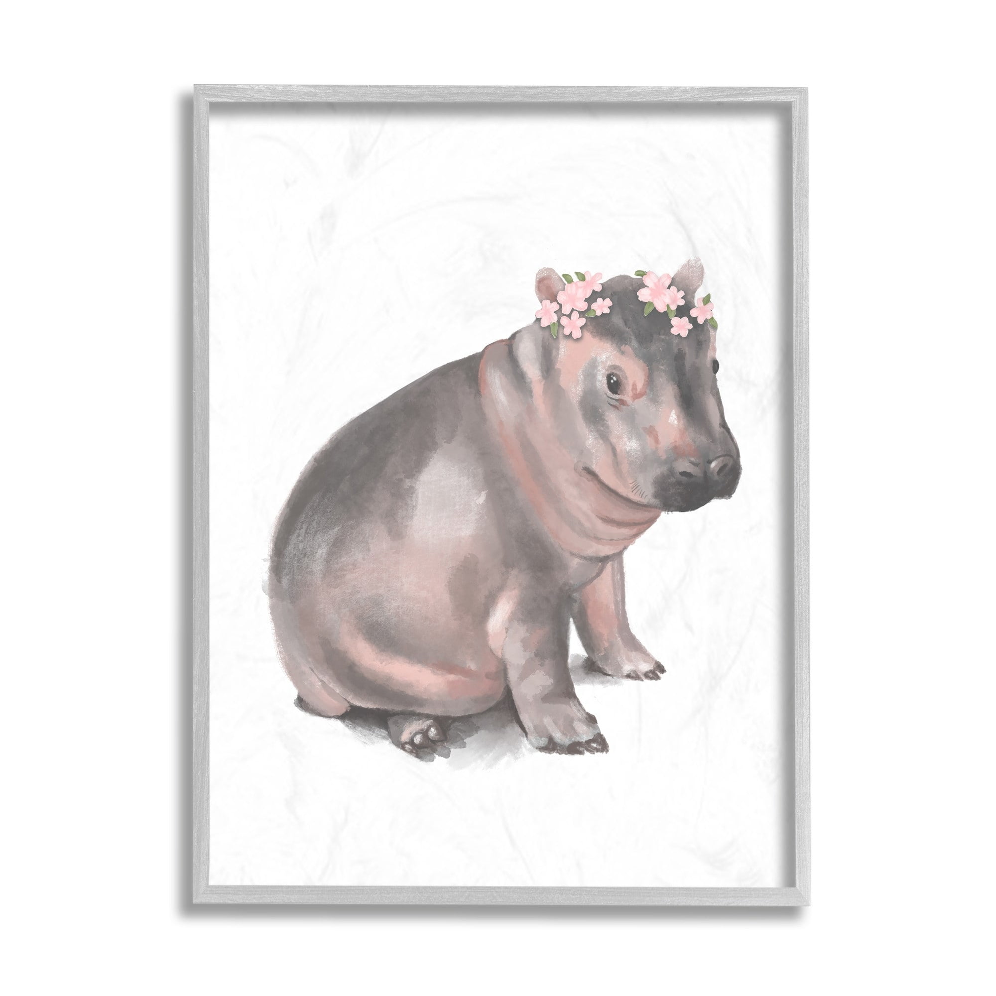 Stupell Industries Floral Crown Baby Hippo Soft Animal Illustration Grey Framed, 16 x 20, Design by Daphne Polselli