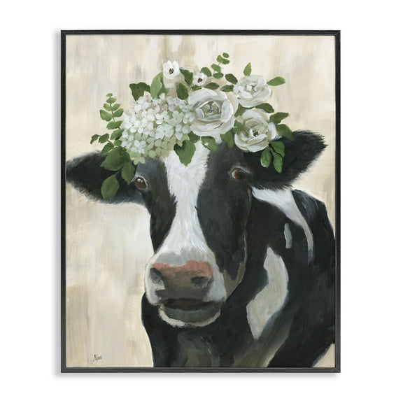 Stupell Industries Floral Crown Cow Animals & Insects Painting Black Framed Art Print Wall Art, 11 x 14