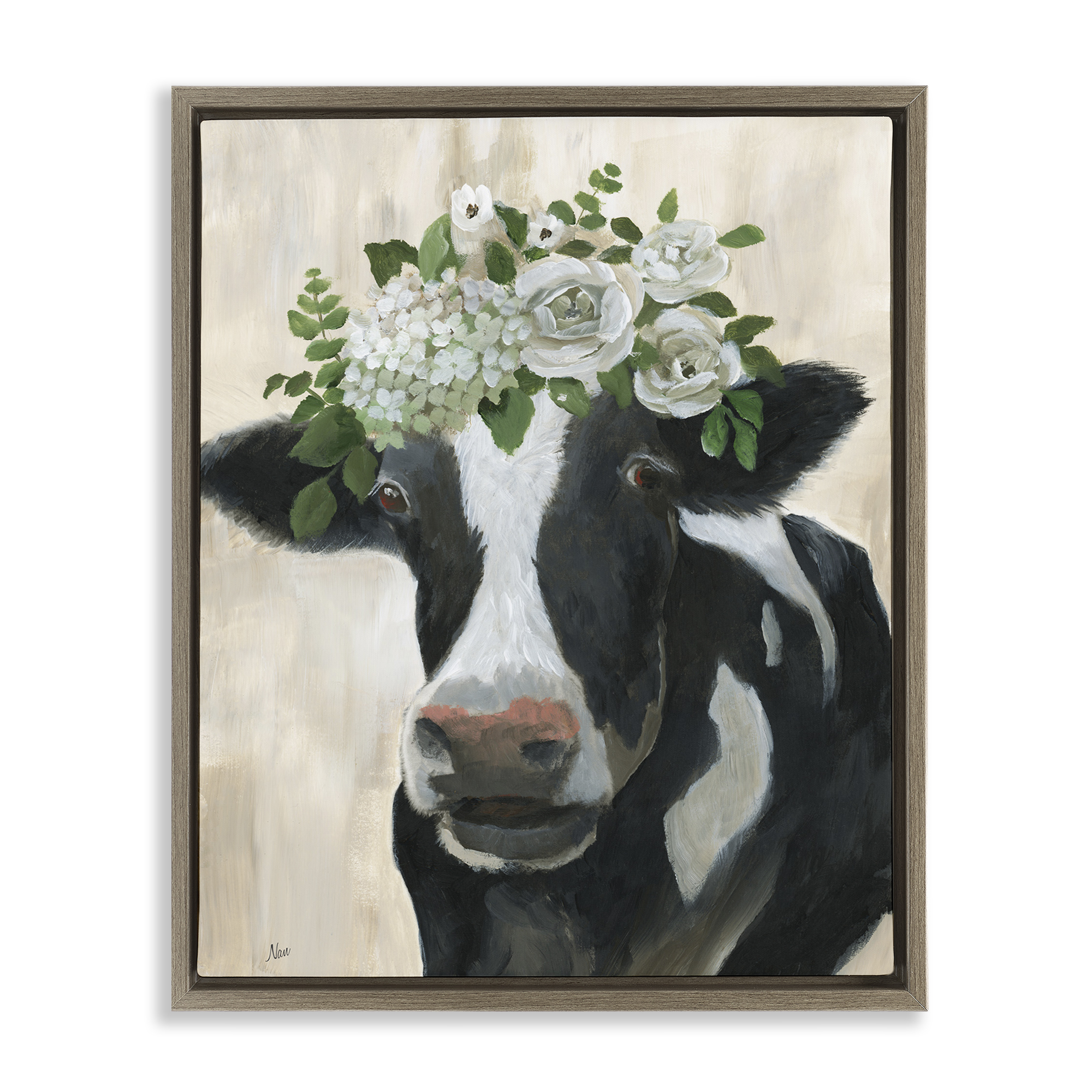 Stupell Industries Floral Crown Cow Animals & Insects Painting Brown Floater Framed Canvas Art Print Wall Art, 17 x 21