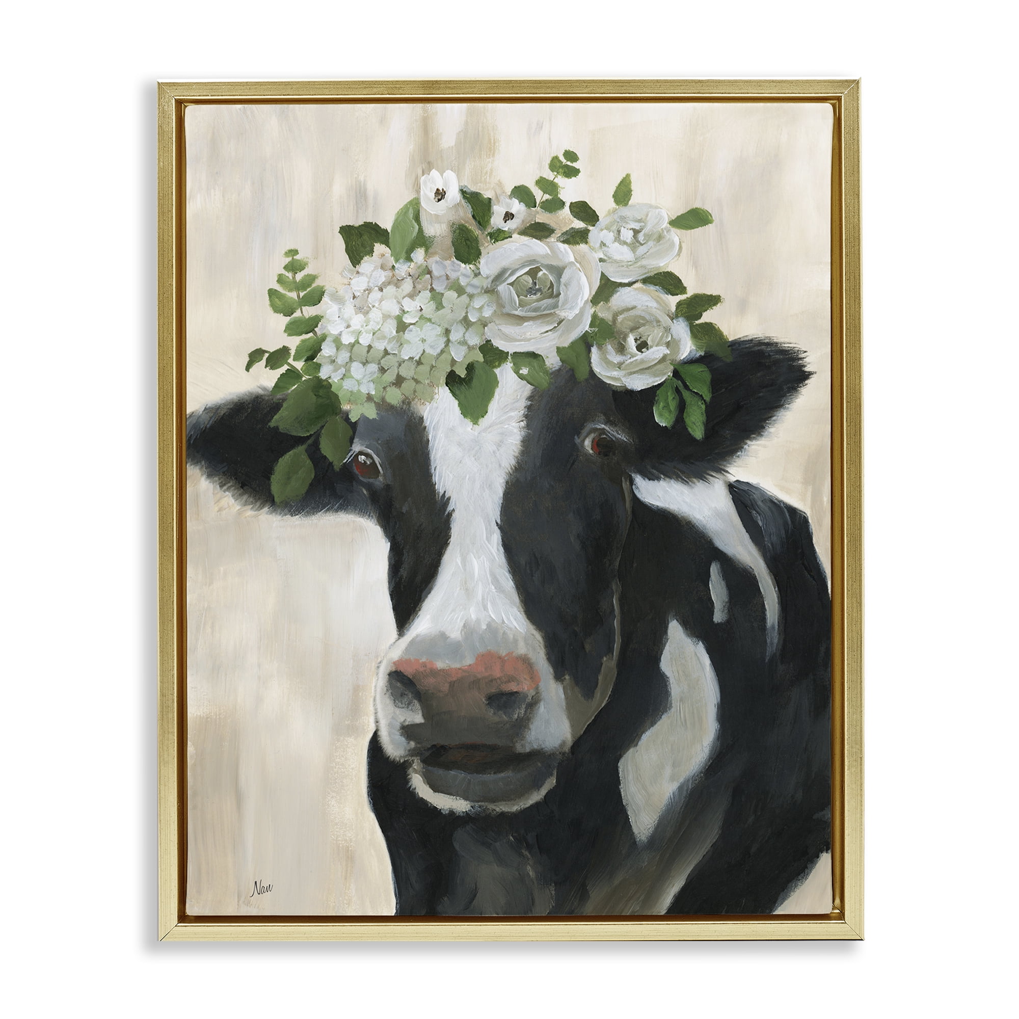 Stupell Industries Floral Crown Cow Animals & Insects Painting Gold Floater Framed Canvas Art Print Wall Art, 25 x 31