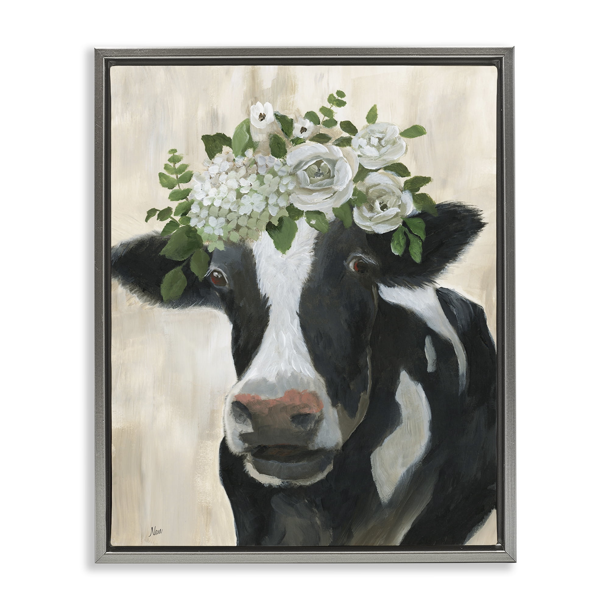 Stupell Industries Floral Crown Cow Animals & Insects Painting Gray Floater Framed Canvas Art Print Wall Art, 17 x 21