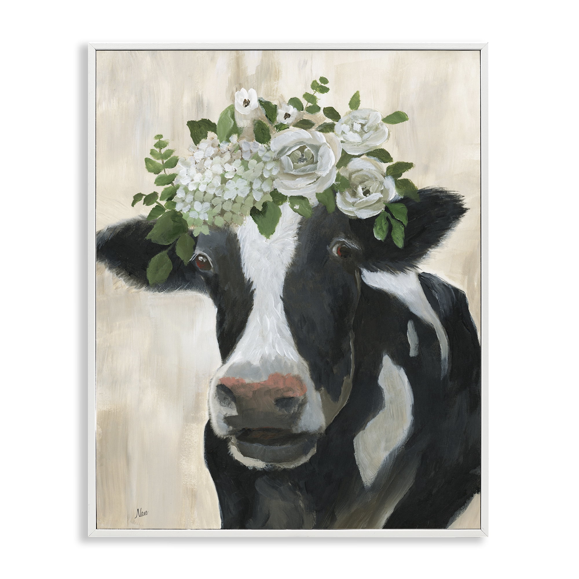 Stupell Industries Floral Crown Cow Animals & Insects Painting White Framed Art Print Wall Art, 11 x 14
