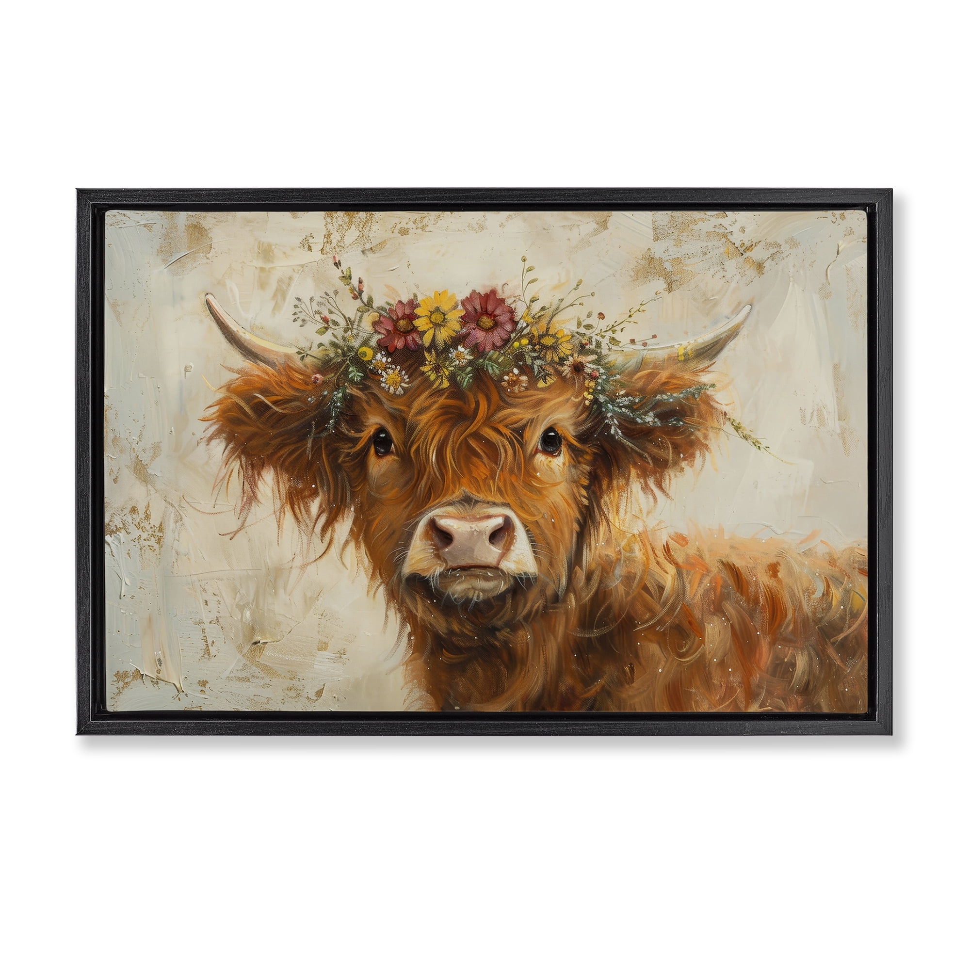Stupell Industries Floral Crown Highland Animals & Insects Painting Black Floater Framed Canvas Art Print Wall Art, 31 x 21
