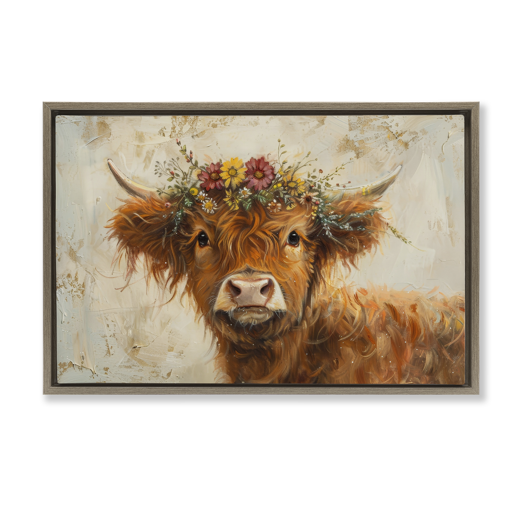 Stupell Industries Floral Crown Highland Animals & Insects Painting Brown Floater Framed Canvas Art Print Wall Art, 31 x 21