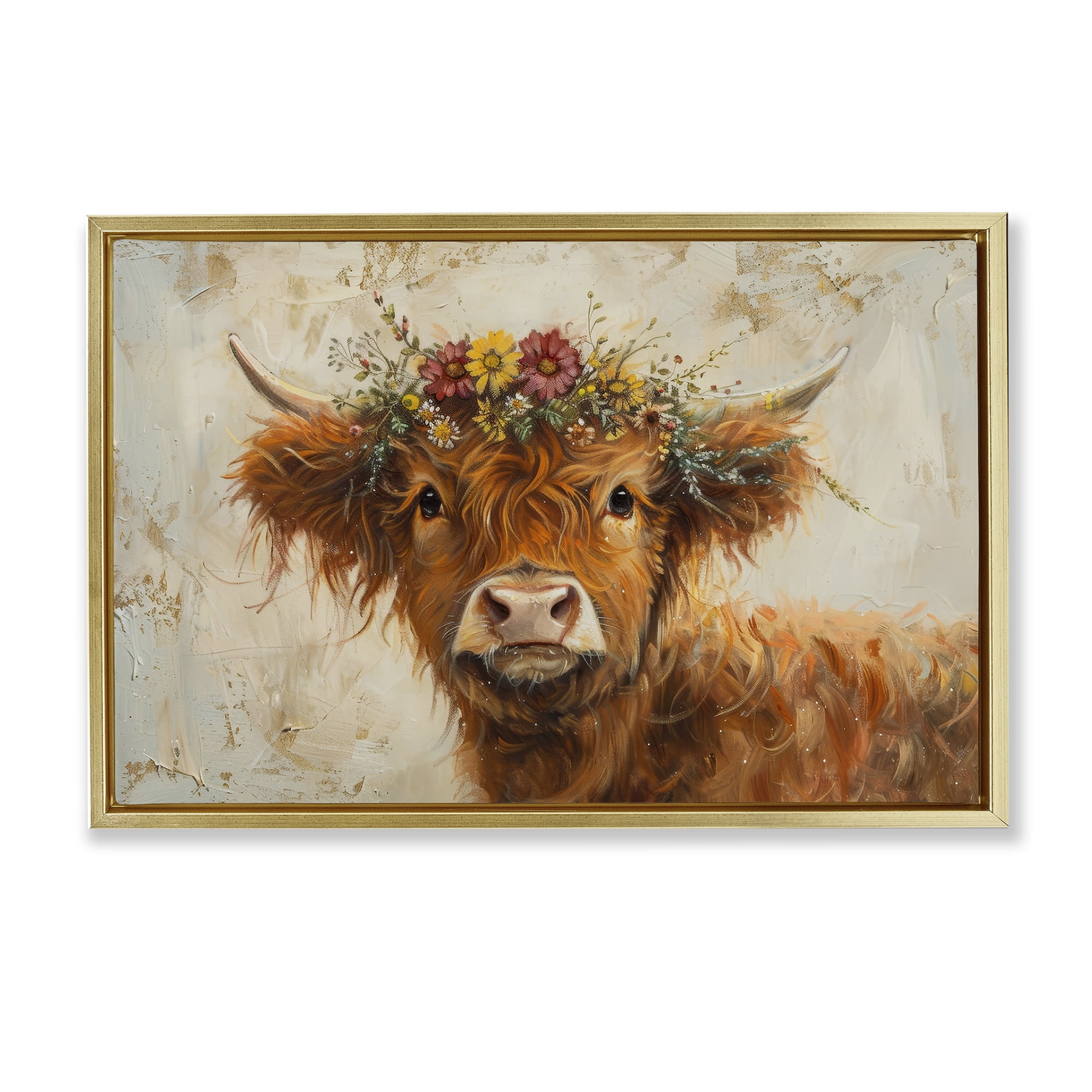 Stupell Industries Floral Crown Highland Animals & Insects Painting Gold Floater Framed Canvas Art Print Wall Art, 25 x 17