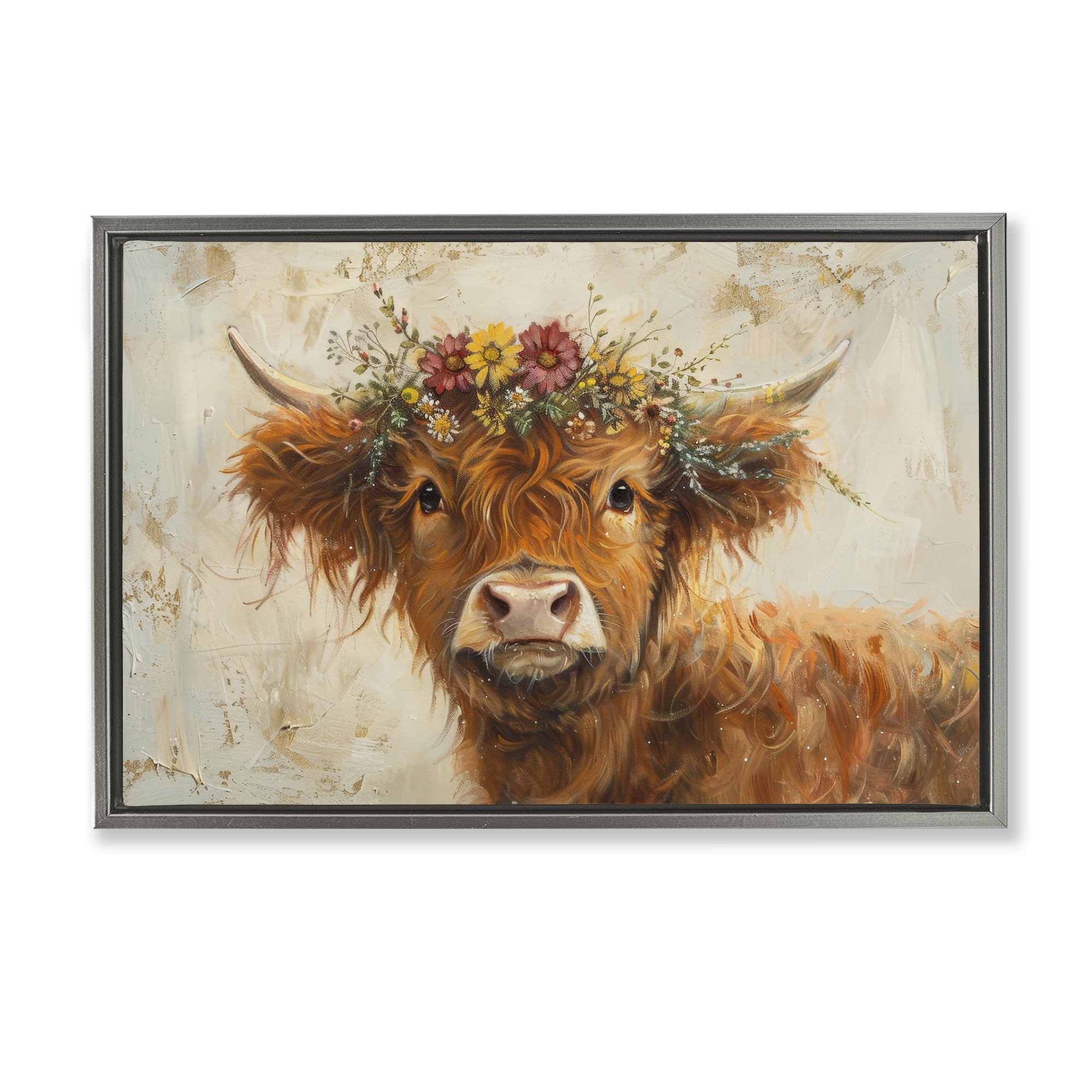 Stupell Industries Floral Crown Highland Animals & Insects Painting Gray Floater Framed Canvas Art Print Wall Art, 25 x 17