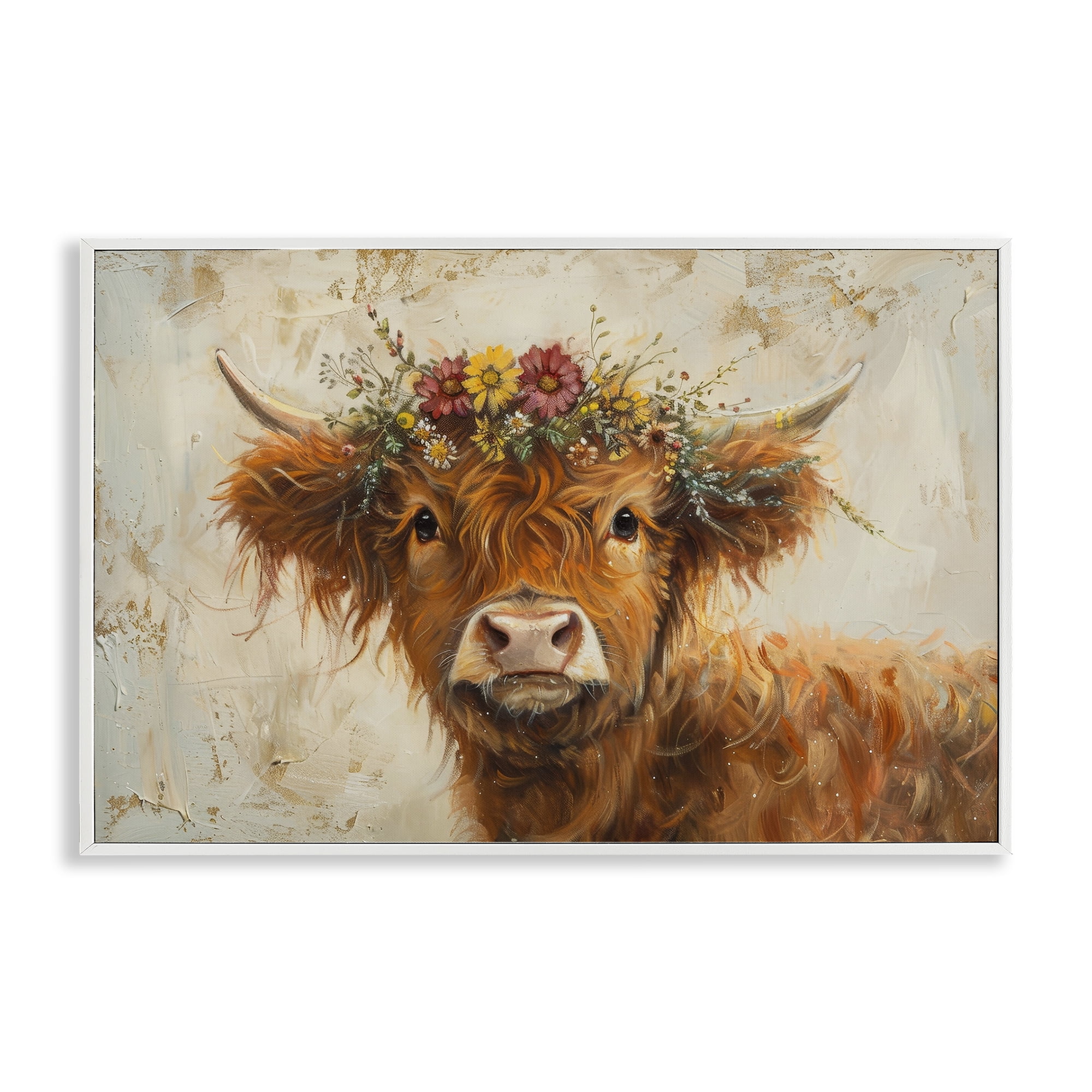 Stupell Industries Floral Crown Highland Animals & Insects Painting White Framed Art Print Wall Art, 24 x 16