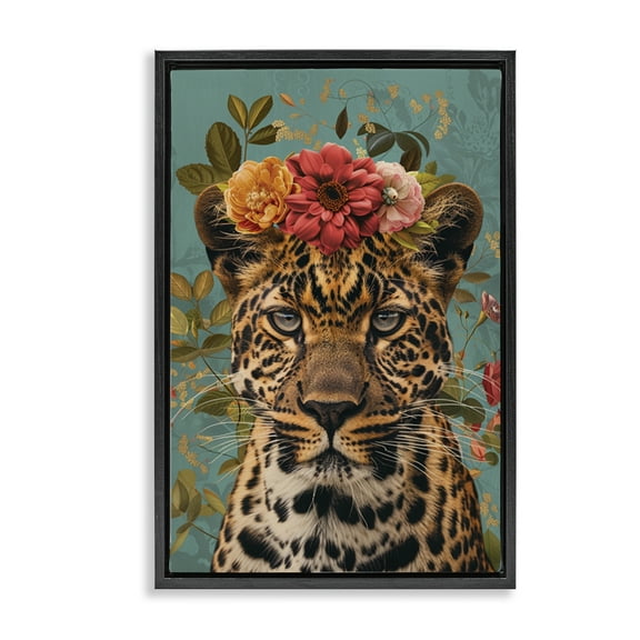 Stupell Industries Floral Crown Wild Cheetah Animals Painting Black Floater Framed Canvas Art Print Wall Art, 17 x 25