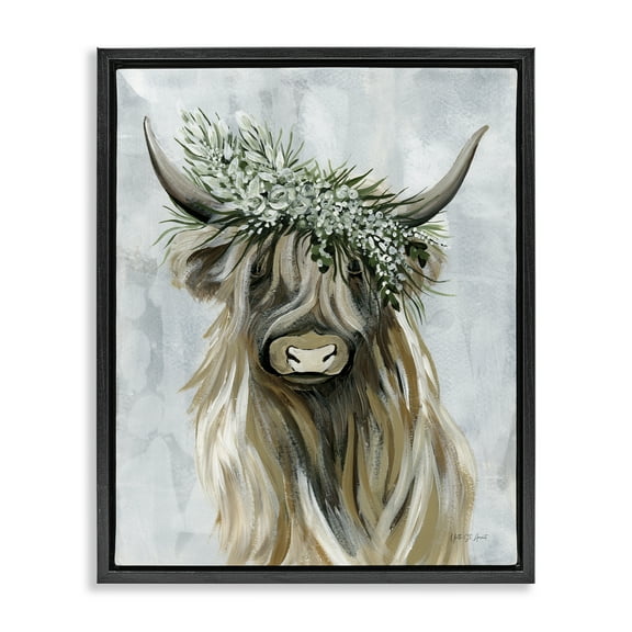 Stupell Industries Floral Crowned Bovine Animals Painting Black Floater Framed Canvas Art Print Wall Art, 17 x 21