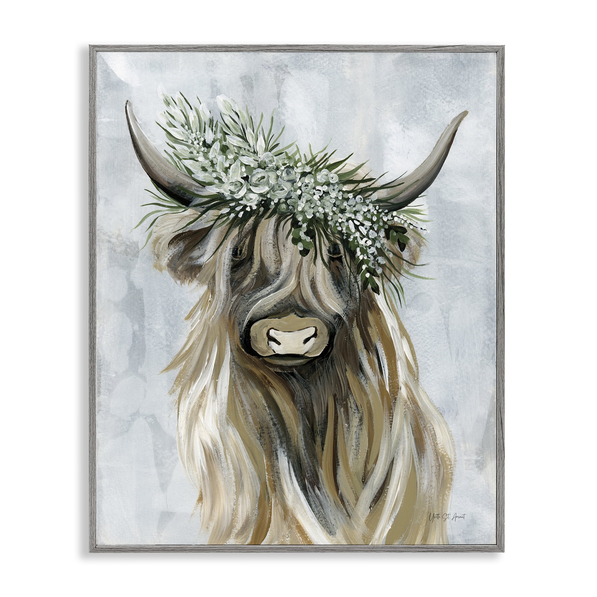Stupell Industries Floral Crowned Bovine Animals Painting Gray Framed Art Print Wall Art, 24 x 30