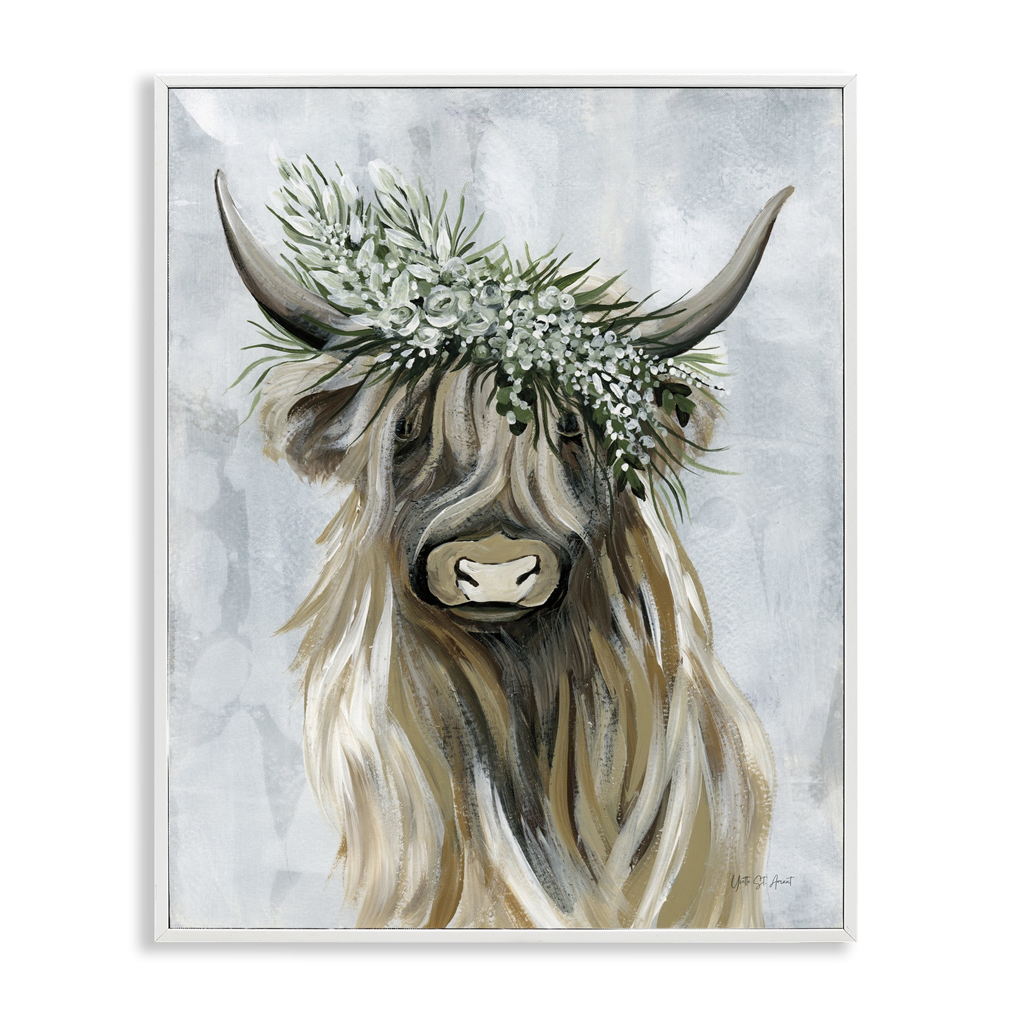 Stupell Industries Floral Crowned Bovine Animals Painting White Framed Art Print Wall Art, 16 x 20
