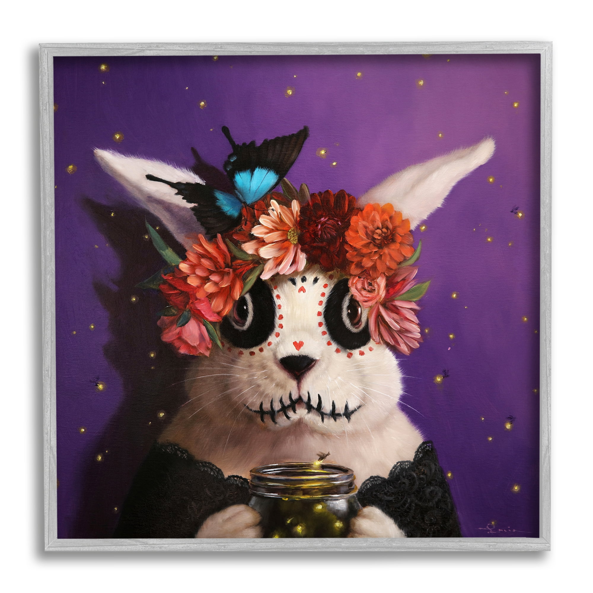 Stupell Industries Floral Day Of Dead Face Paint Bunny Butterfly Framed Wall Art, 17 x 17, Design by Lucia Heffernan