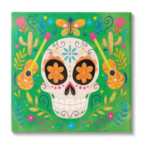 Stupell Industries Floral Day Of Dead Guitar Skull Holiday Painting Gallery Wrapped Canvas Print Wall Art