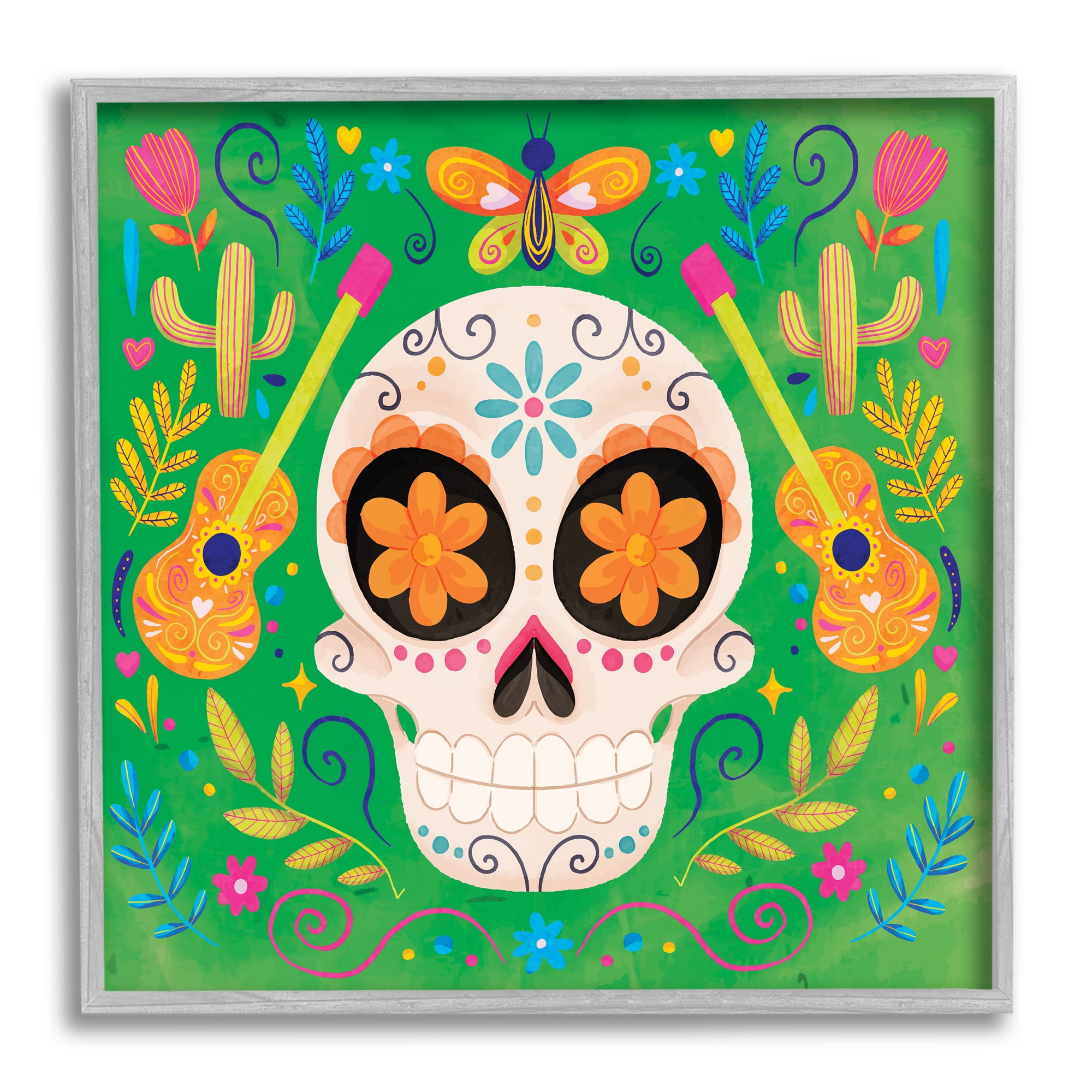 Stupell Industries Floral Day Of Dead Guitar Skull Holiday Painting Gray Framed Art Print Wall Art