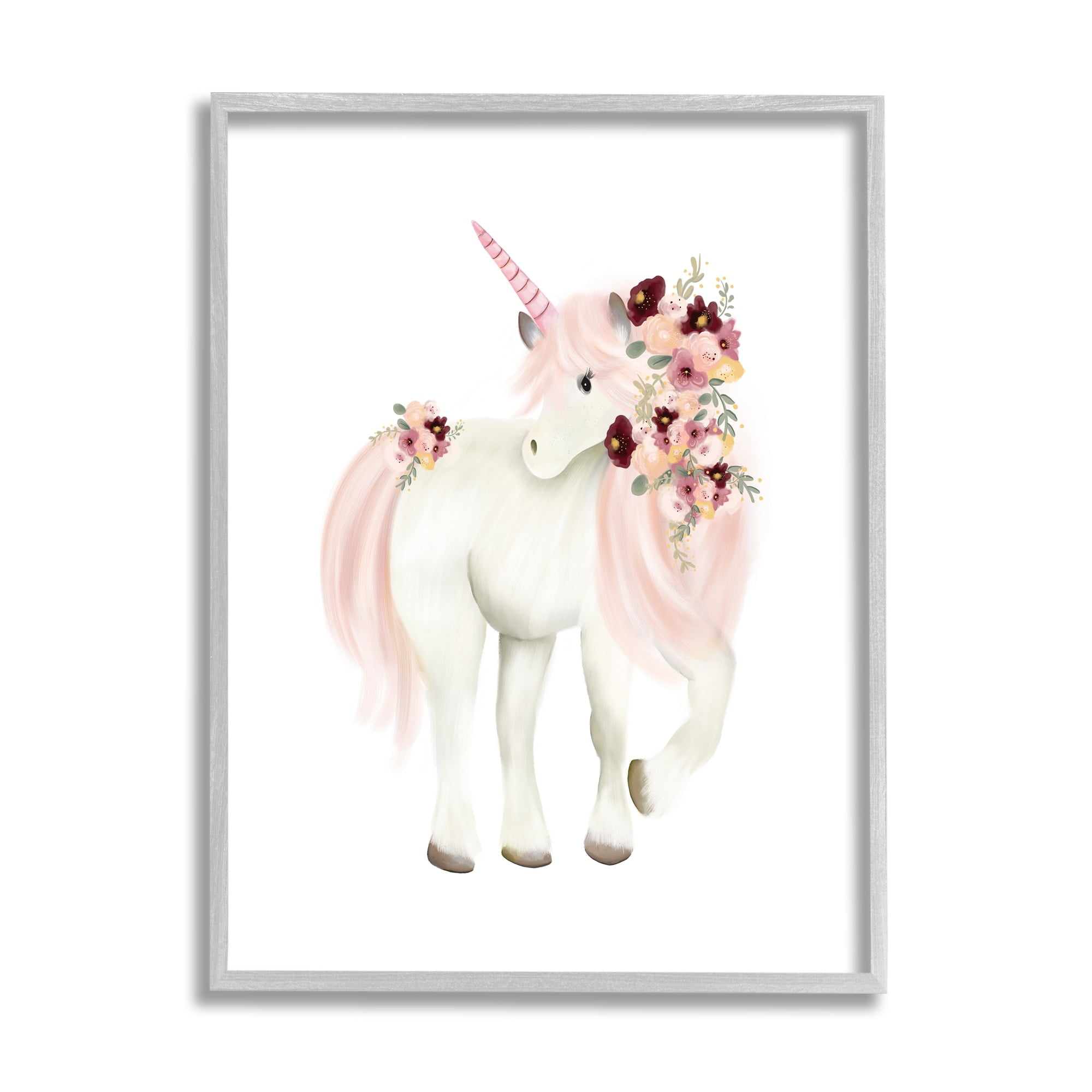 Stupell Industries Floral Decorated Unicorn Pink Mane Fantasy Creature Graphic Art Gray Framed Art Print Wall Art, Design by Studio Q