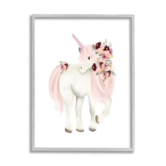 Stupell Industries Floral Decorated Unicorn Pink Mane Fantasy Creature Graphic Art Gray Framed Art Print Wall Art, Design by Studio Q