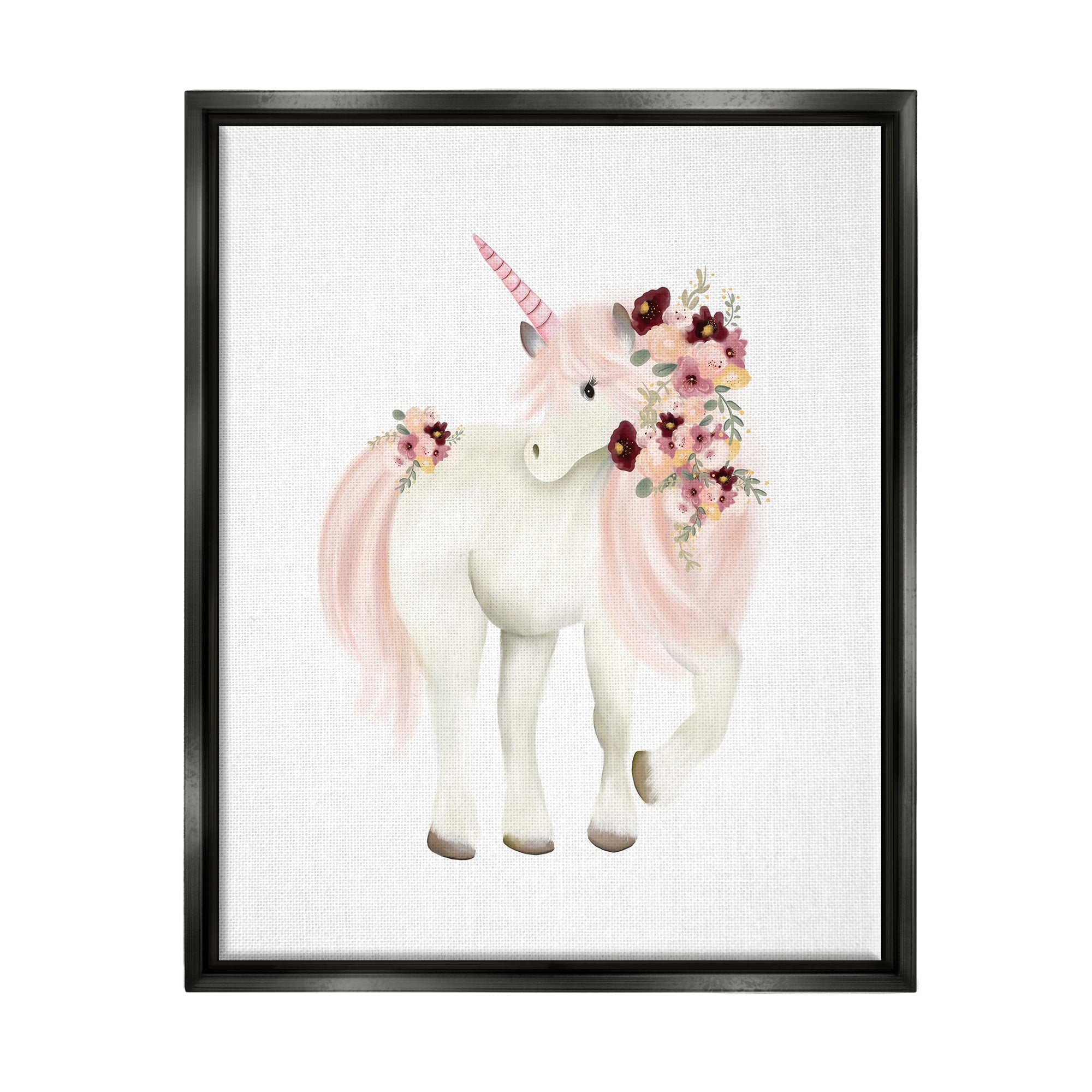 Stupell Industries Floral Decorated Unicorn Pink Mane Fantasy Creature Graphic Art Jet Black Floating Framed Canvas Print Wall Art, Design by Studio Q