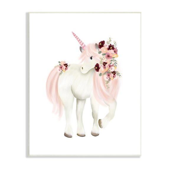Stupell Industries Floral Decorated Unicorn Pink Mane Fantasy Creature Graphic Art Unframed Art Print Wall Art, Design by Studio Q