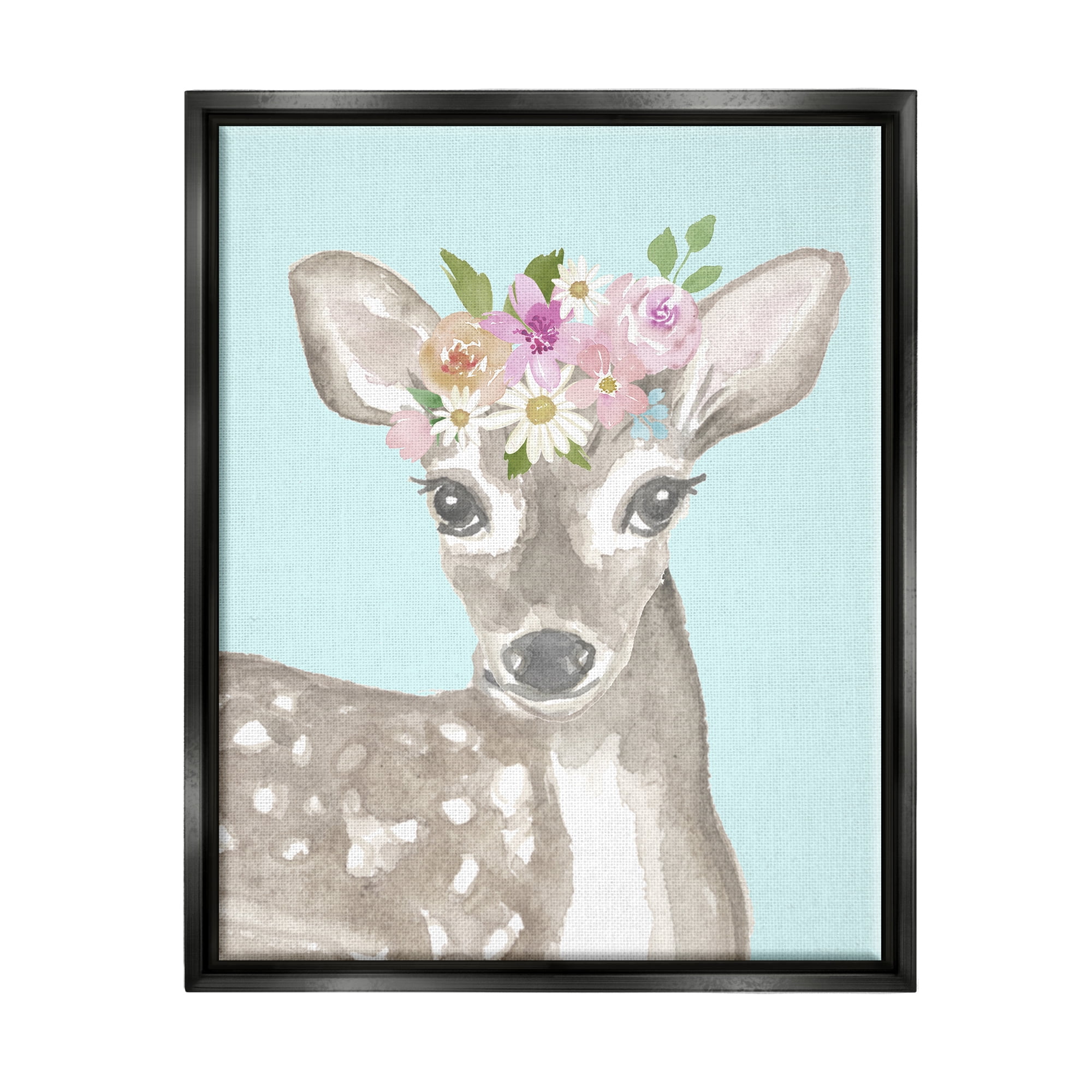 Stupell Industries Floral Deer on Blue Animals & Insects Painting Black Floater Framed Art Print Wall Art, 17 x 21