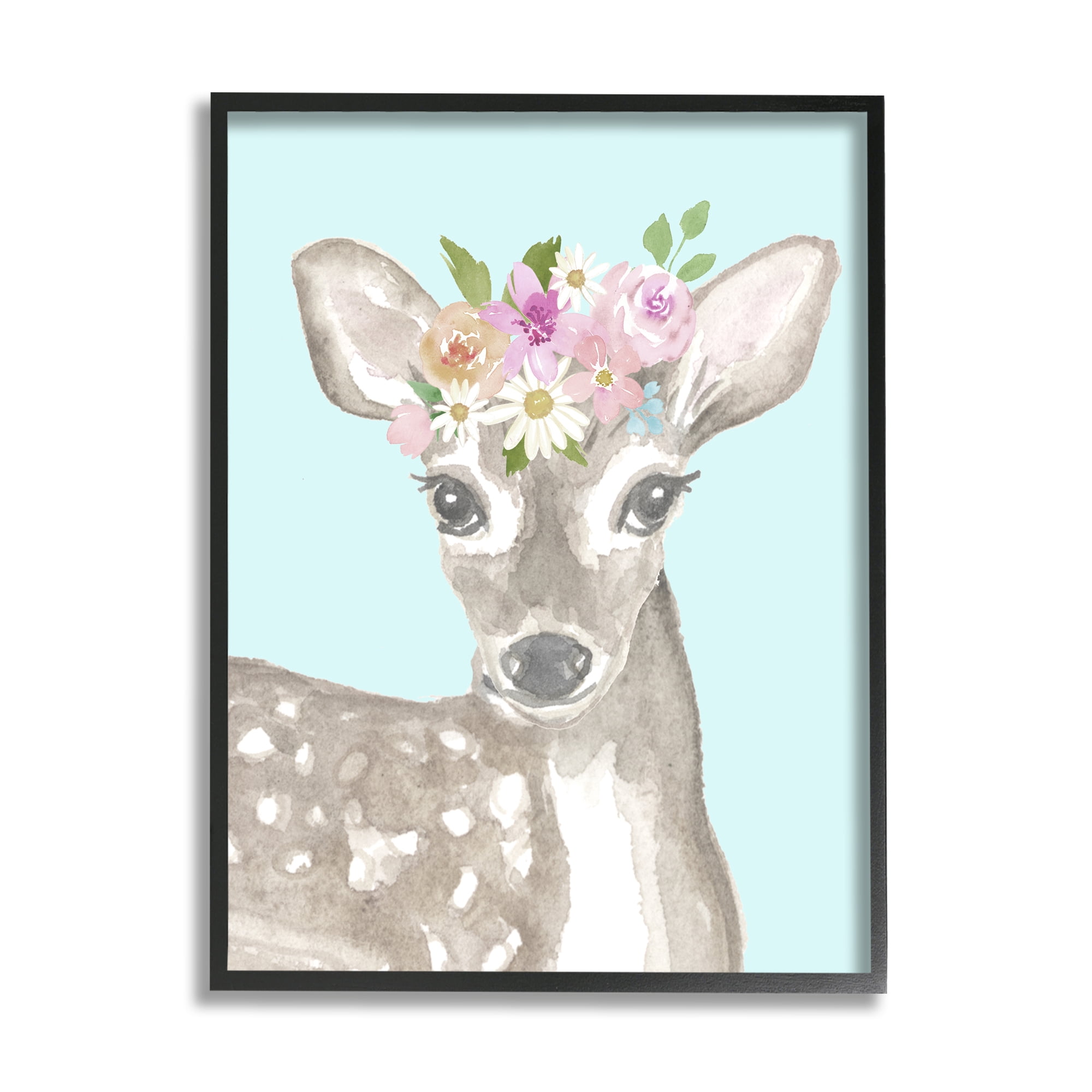 Stupell Industries Floral Deer on Blue Animals & Insects Painting Black Framed Art Print Wall Art, 11 x 14