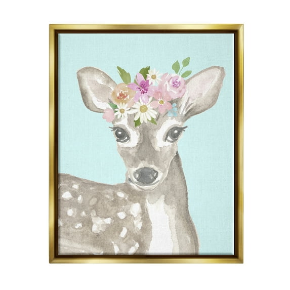 Stupell Industries Floral Deer on Blue Animals & Insects Painting Gold Floater Framed Art Print Wall Art, 25 x 31