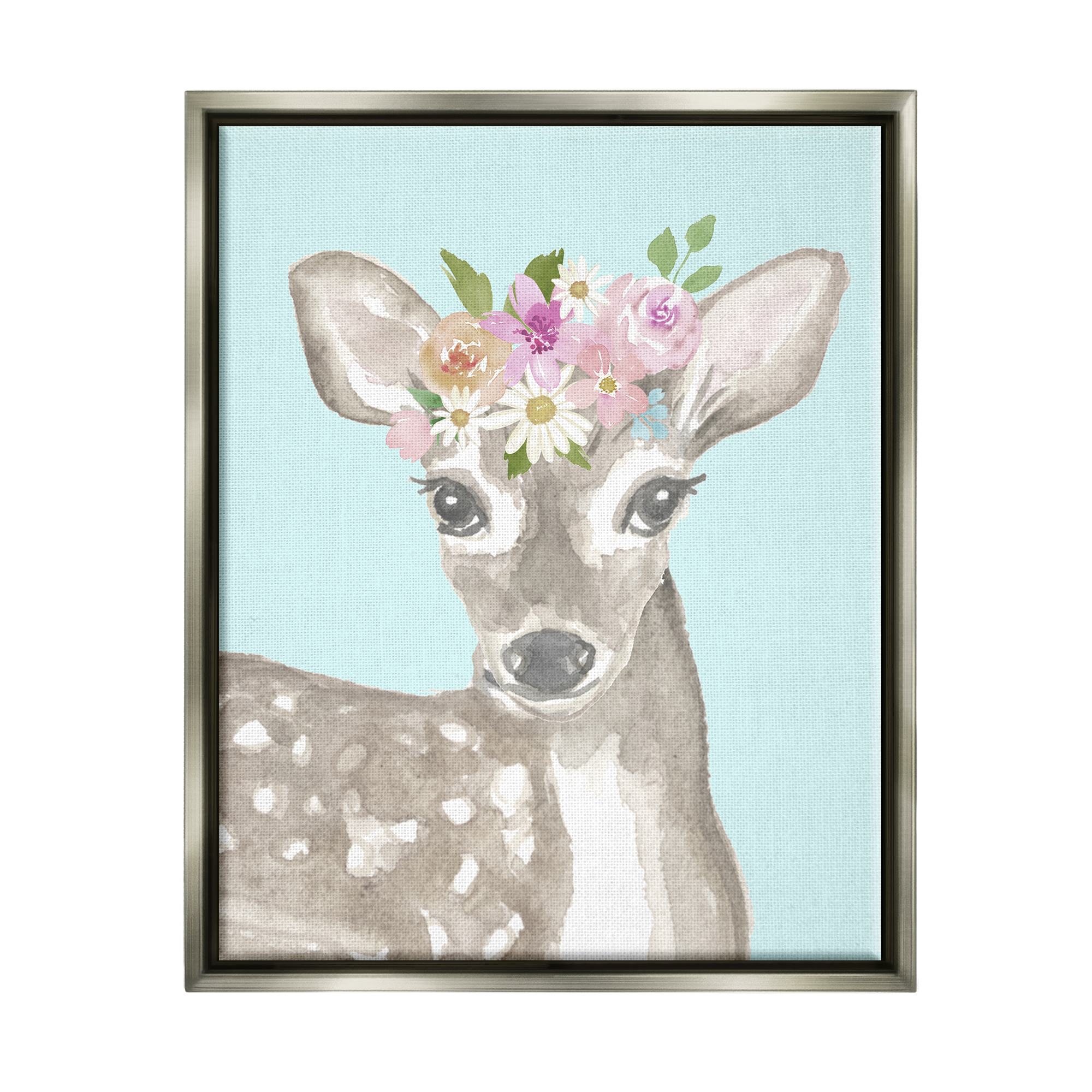 Stupell Industries Floral Deer on Blue Animals & Insects Painting Gray Floater Framed Art Print Wall Art, 17 x 21