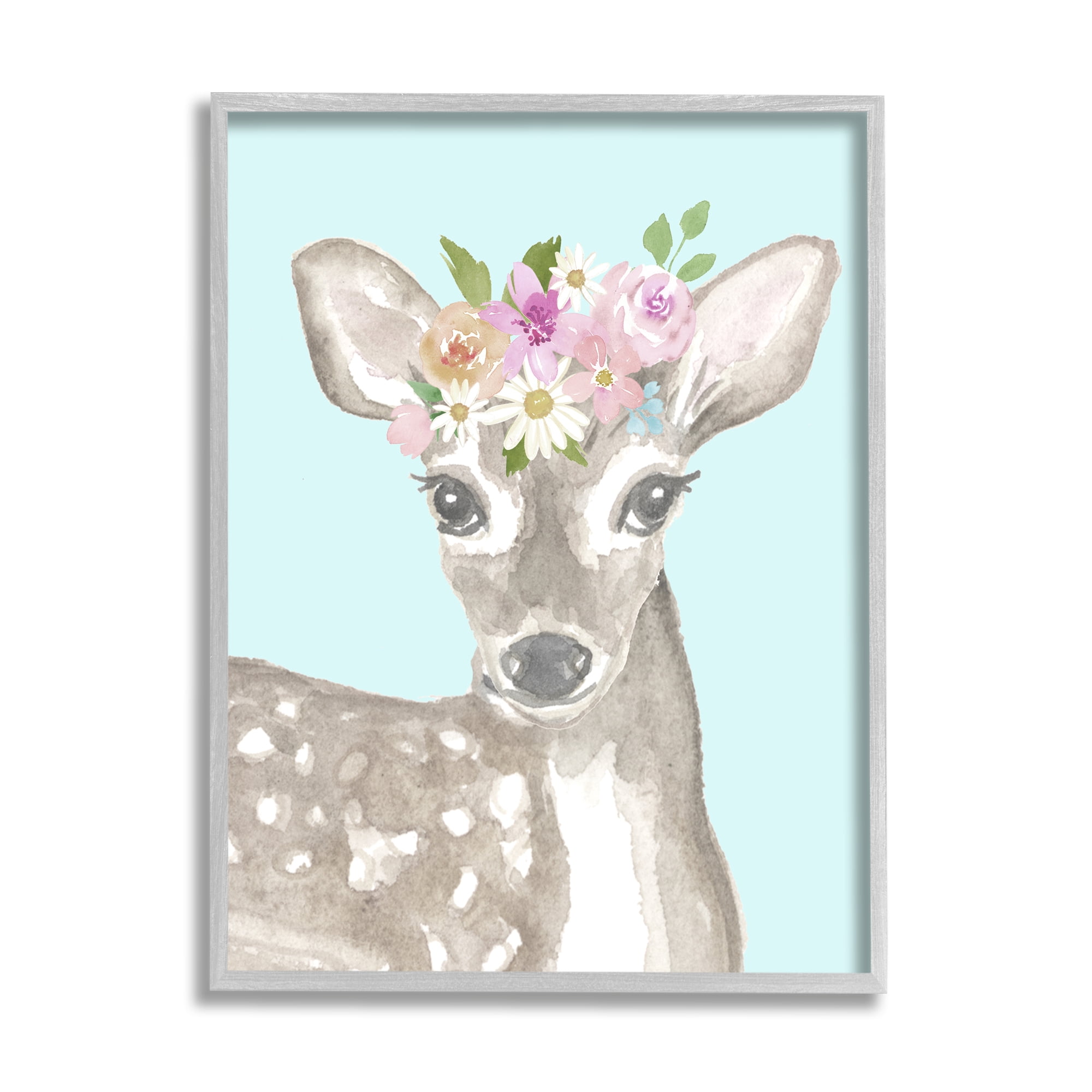 Stupell Industries Floral Deer on Blue Animals & Insects Painting Gray Framed Art Print Wall Art, 11 x 14