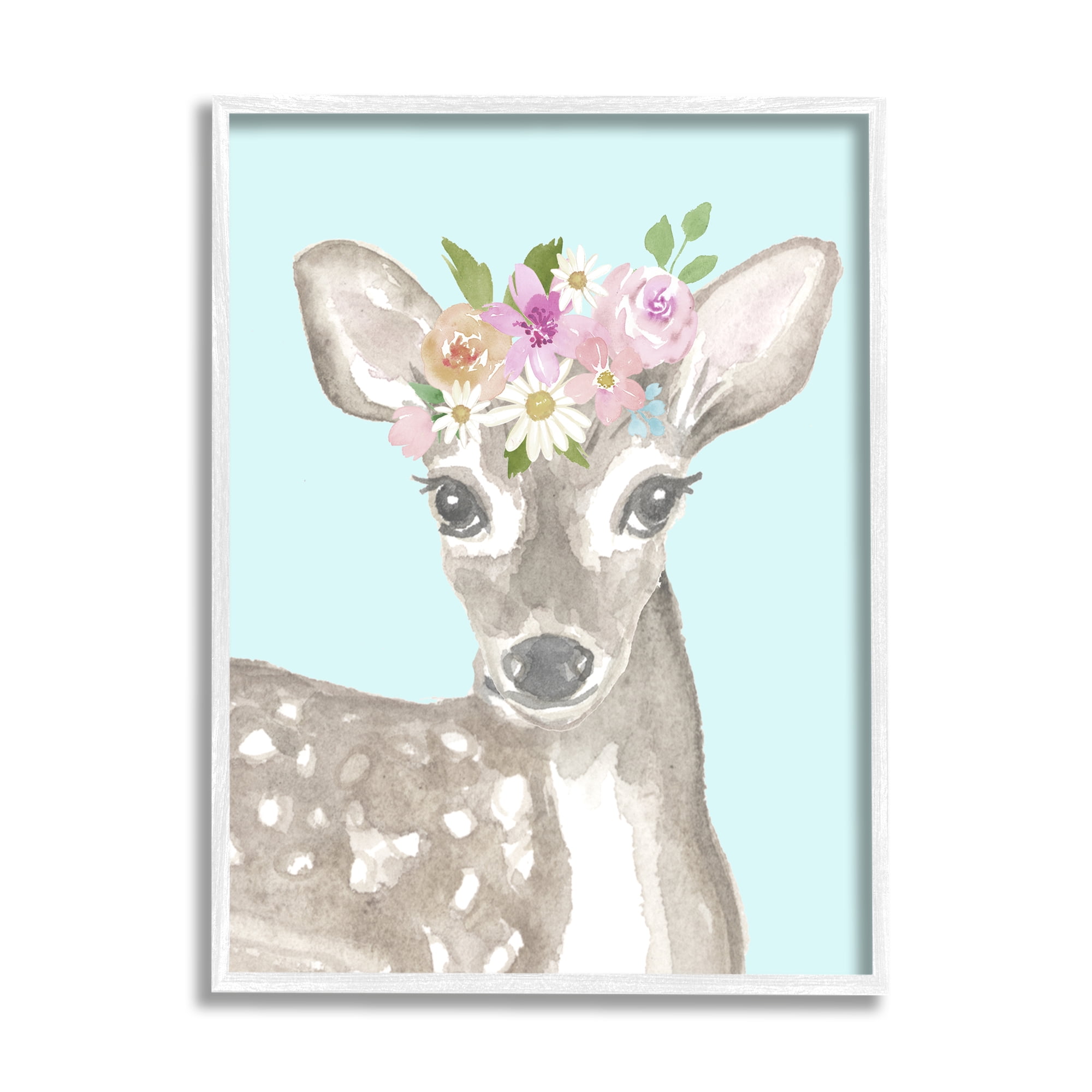 Floral Deer Print on Canvas with White Frame for Nursery
