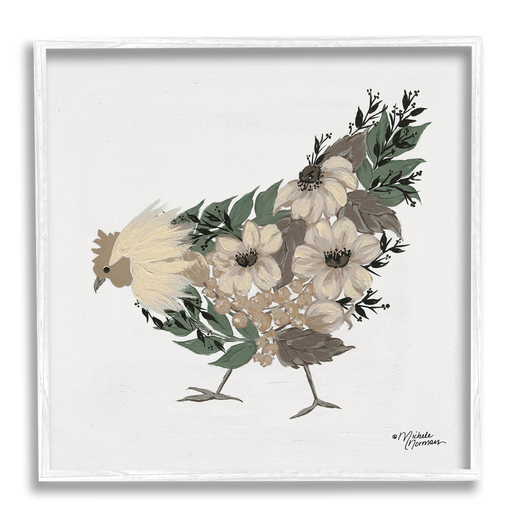 Floral Chicken Farm Arrangement Canvas Print in White Frame