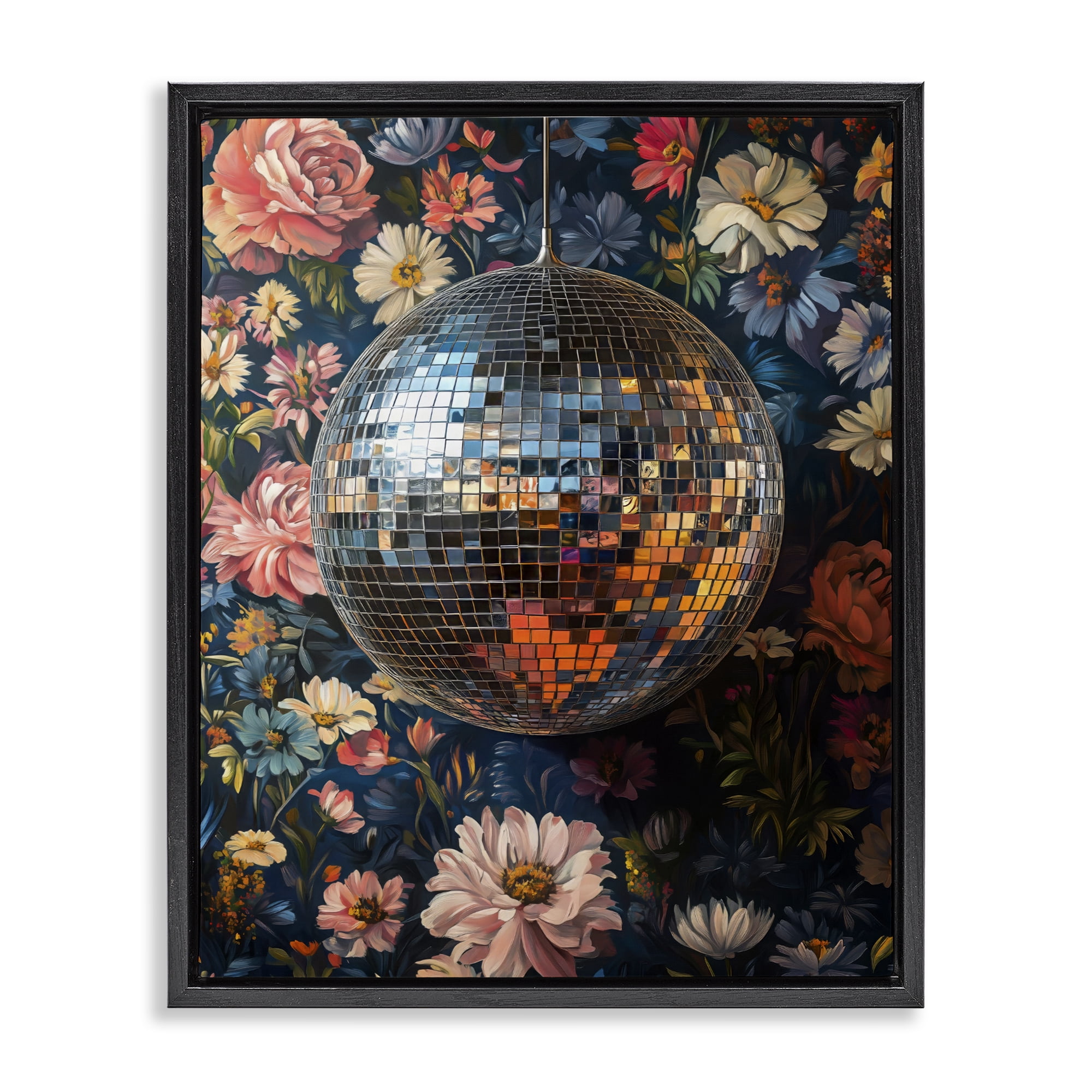 Stupell Industries Floral Disco Ball Reflection Black Framed Floater Canvas Wall Art, design by LSR Design Studio