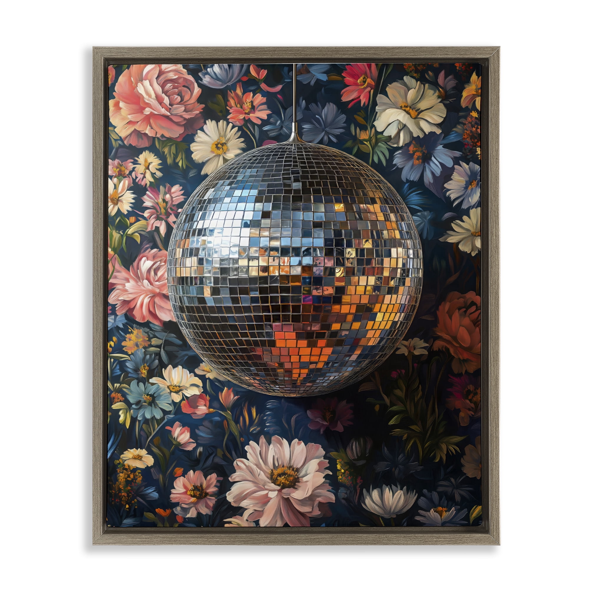 Stupell Industries Floral Disco Ball Reflection Brown Framed Floater Canvas Wall Art, design by LSR Design Studio