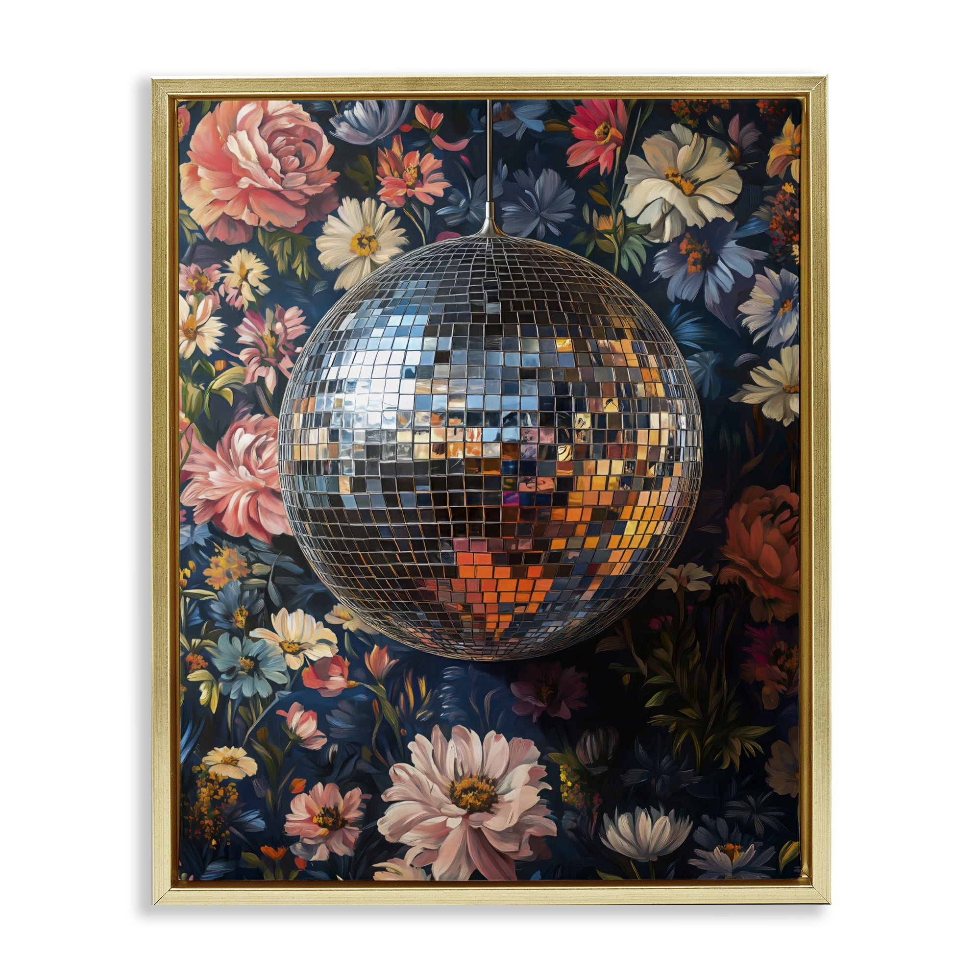 Stupell Industries Floral Disco Ball Reflection Gold Framed Floater Canvas Wall Art, design by LSR Design Studio