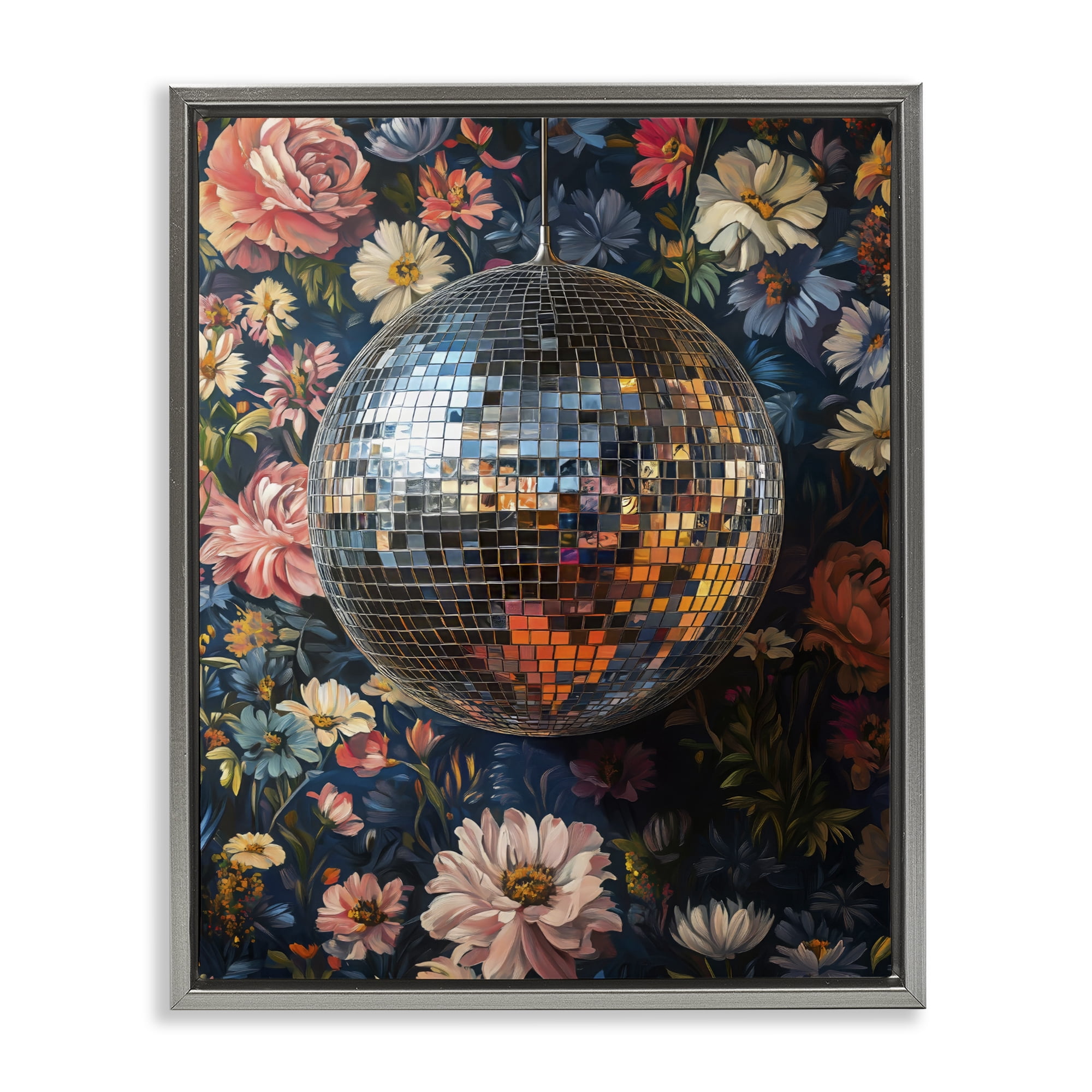 Stupell Industries Floral Disco Ball Reflection Gray Framed Floater Canvas Wall Art, design by LSR Design Studio