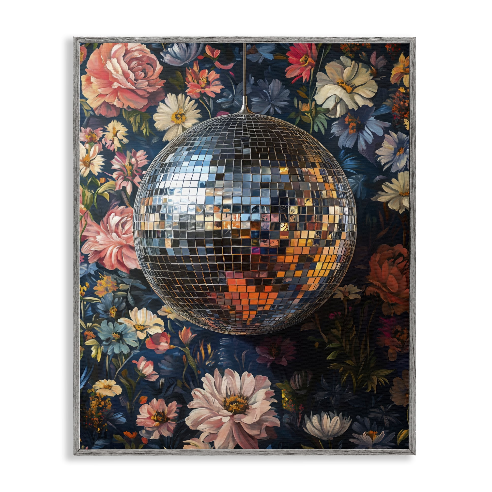 Stupell Industries Floral Disco Ball Reflection Gray Framed Giclee Art, design by LSR Design Studio