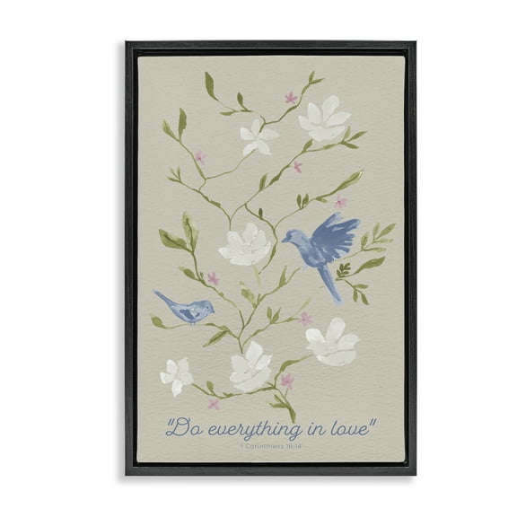 Stupell Industries Floral Do Everything In Love Quotes and Sayings Painting Black Floater Framed Canvas Art Print Wall Art, 17 x 25