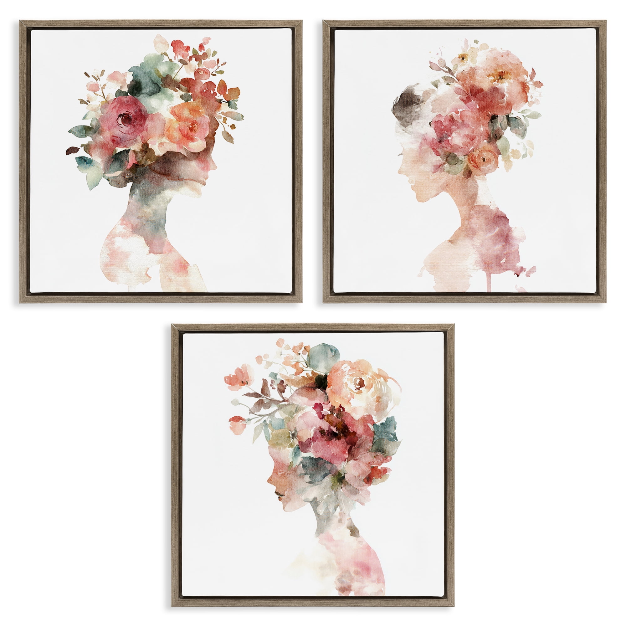 Stupell Industries Floral Dreamscape Portraits 3 Piece Brown Framed Floater Canvas Set, design by Svetlana Aleynikova
